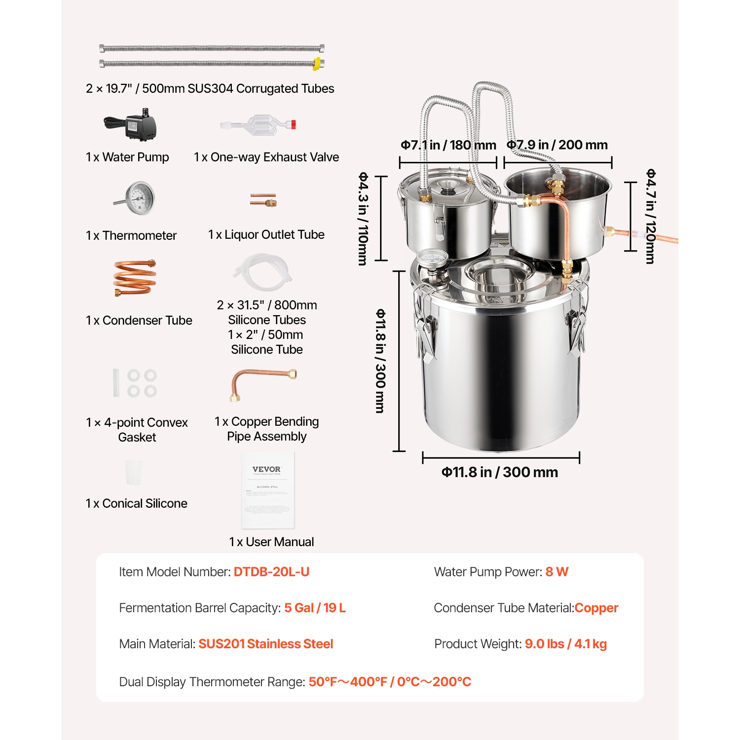 VEVOR 5 Gal / 19 L Alcohol Still, Stainless Steel Water Alcohol Distiller with Copper Coil for Fast Cooling, Dual Condenser Distiller Kit with
