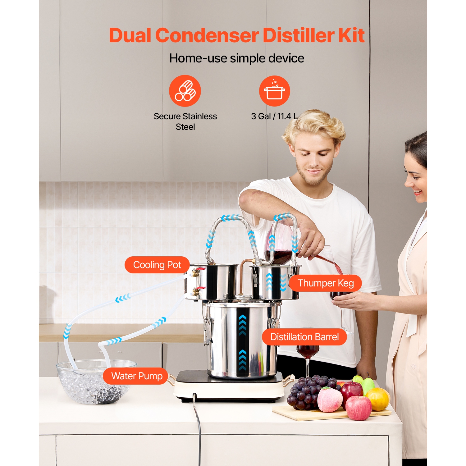 VEVOR 3 Gal / 11.4 L Alcohol Still, Stainless Steel Water Alcohol Distiller with Copper Coil for Fast Cooling, Dual Condenser Distiller Kit with