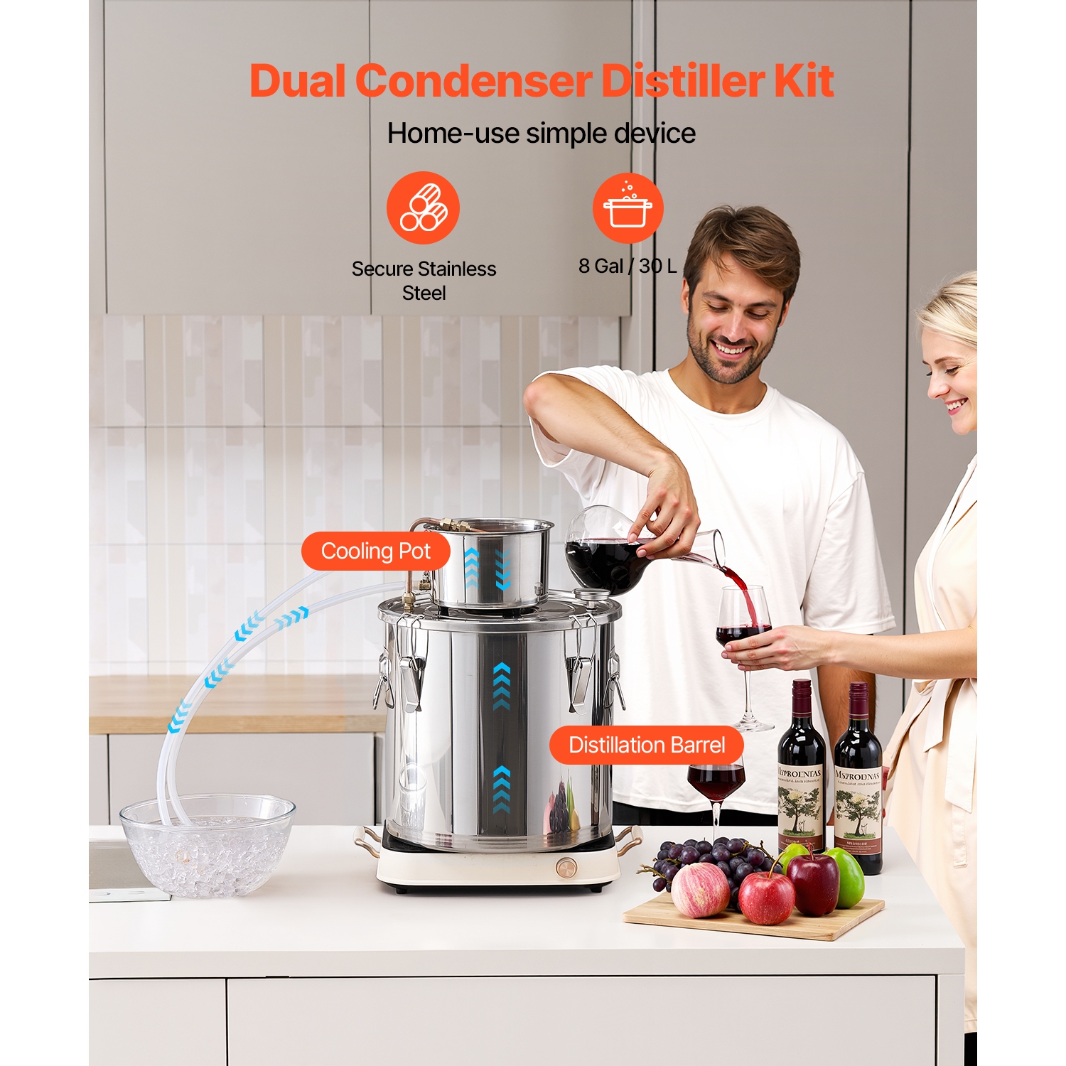 VEVOR 8 gal/30&nbsp;L Alcohol still, distillant d'alcool d'eau en acier inoxydable avec bobine en cuivre, Kit de fermentation de brassage à domicile