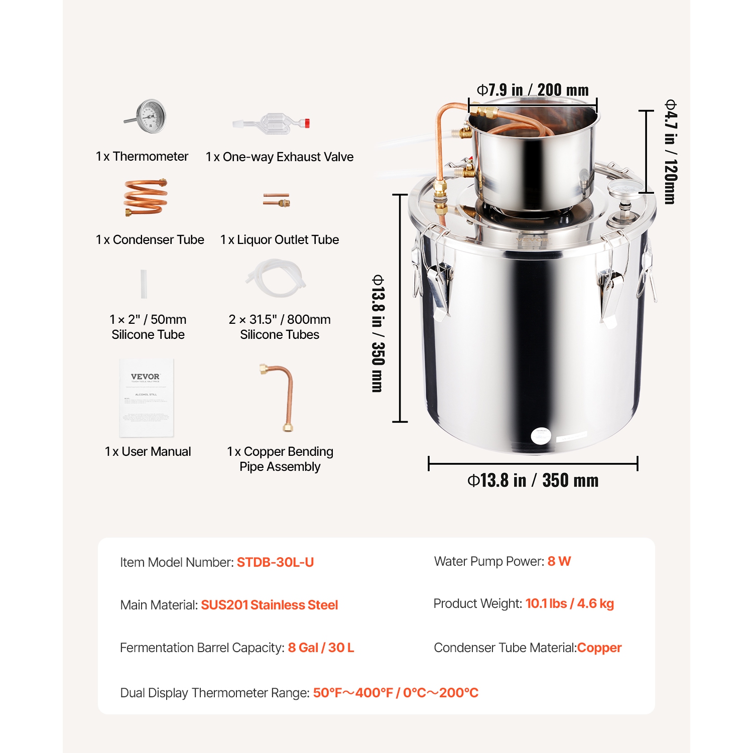 VEVOR 8 gal/30&nbsp;L Alcohol still, distillant d'alcool d'eau en acier inoxydable avec bobine en cuivre, Kit de fermentation de brassage à domicile