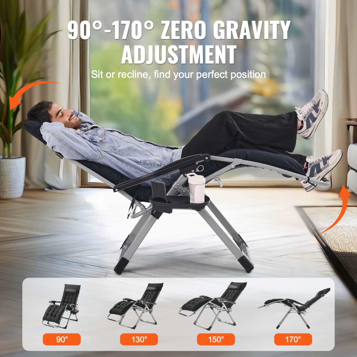 VEVOR 26 inch Zero Gravity Chair, Zero Gravity Recliner Lounge Chair for Indoor, Adjustable Anti Gravity Chair with Cushion, Headrest, Footrest, and