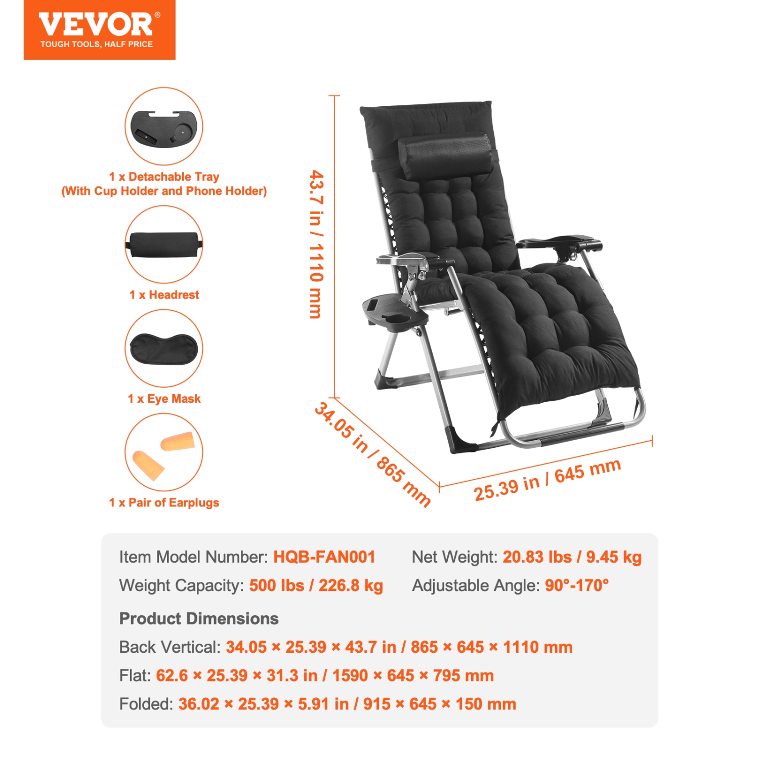 VEVOR 26 inch Zero Gravity Chair, Zero Gravity Recliner Lounge Chair for Indoor, Adjustable Anti Gravity Chair with Cushion, Headrest, Footrest, and