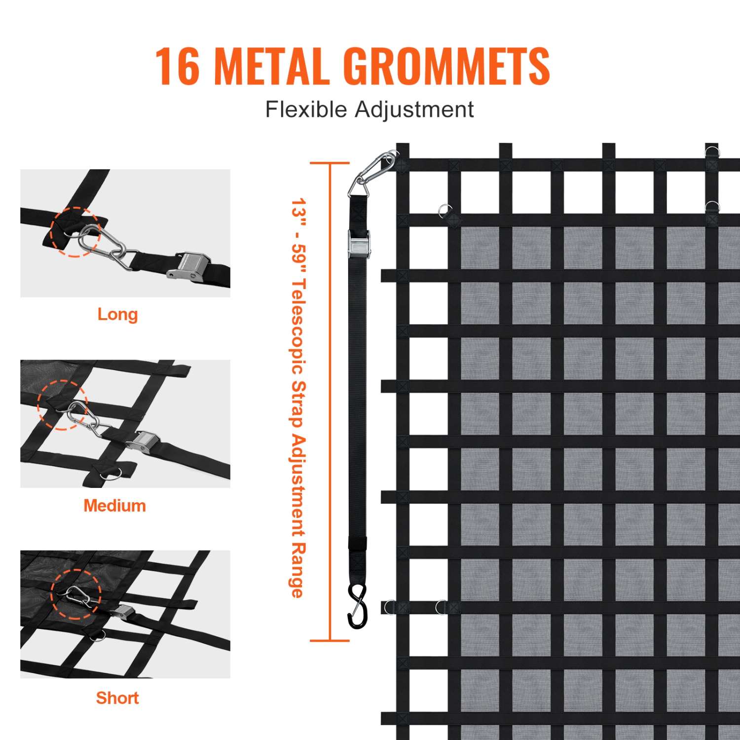 Filet d'arrimage VEVOR de 120 x 105&nbsp;po, filet d'arrimage robuste pour caisse de camion, 4 sangles réglables avec mousquetons et crochets en S,