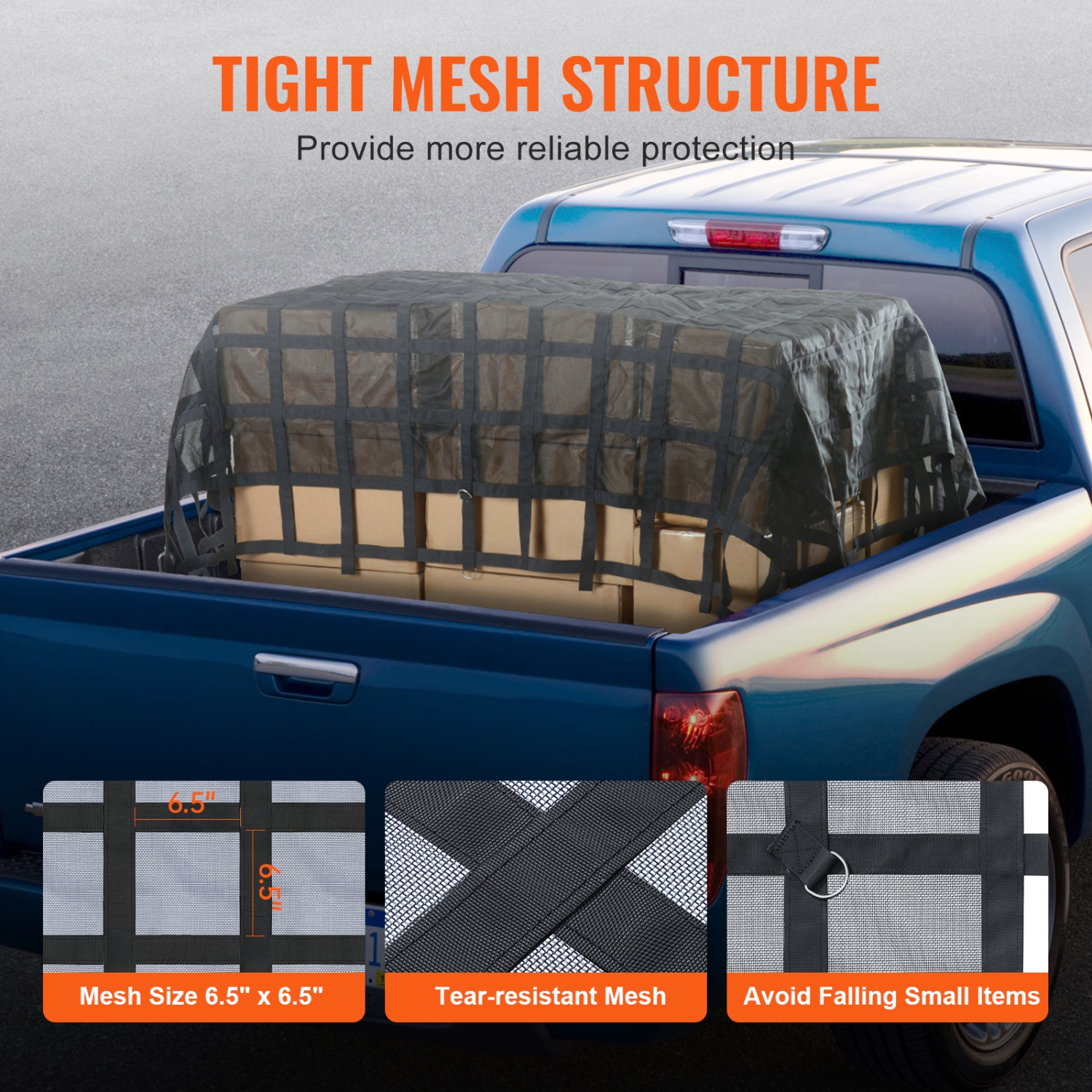 Filet d'arrimage VEVOR de 120 x 105&nbsp;po, filet d'arrimage robuste pour caisse de camion, 4 sangles réglables avec mousquetons et crochets en S,