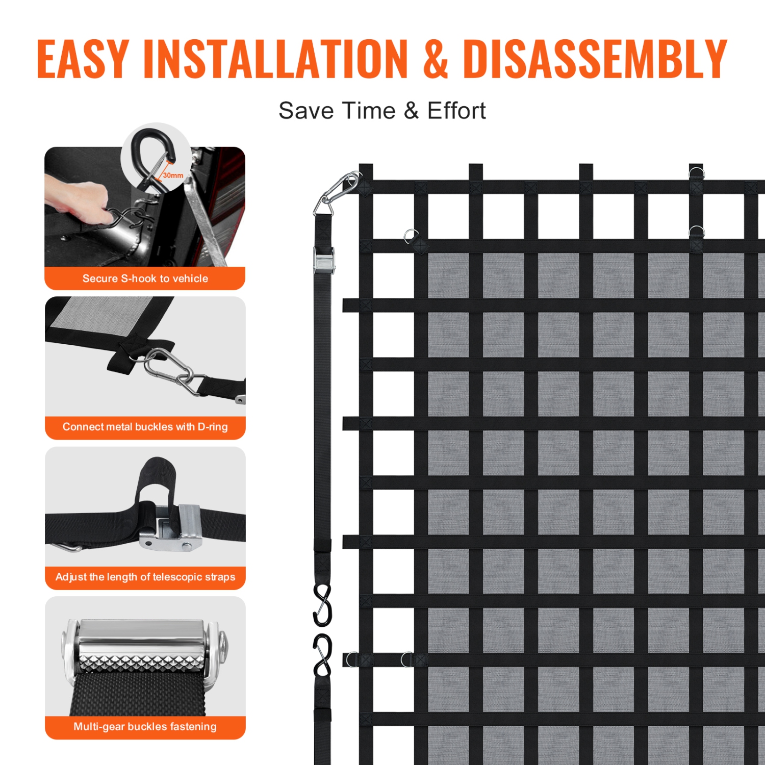 Filet d'arrimage VEVOR de 120 x 105&nbsp;po, filet d'arrimage robuste pour caisse de camion, 4 sangles réglables avec mousquetons et crochets en S,