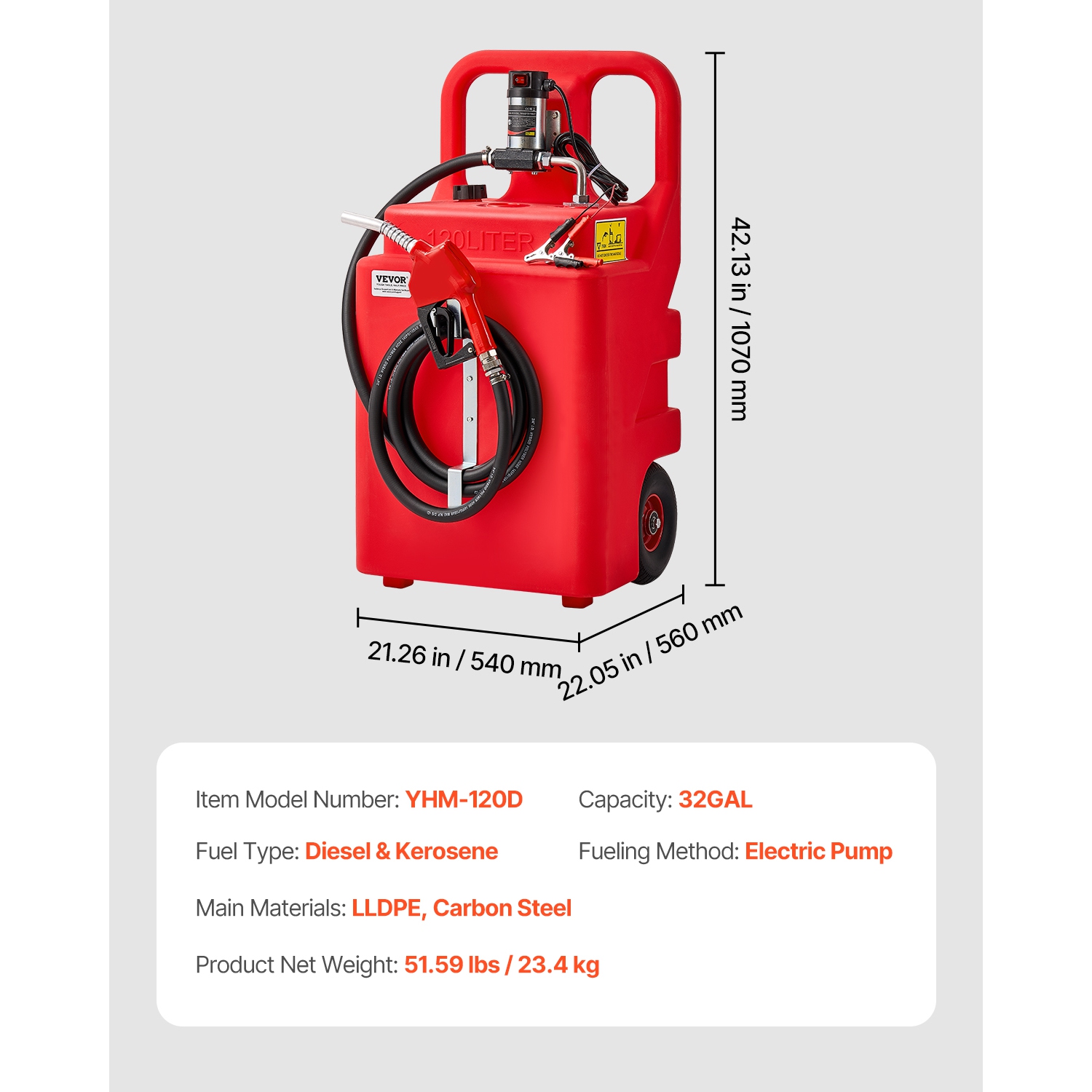 VEVOR 32 Gallon Fuel Caddy, Portable Fuel Tank with 12V DC 10GPM Electric Fuel Transfer Pump, 13 ft Delivery Hose & Self-sealing Nozzle, Gas Caddy