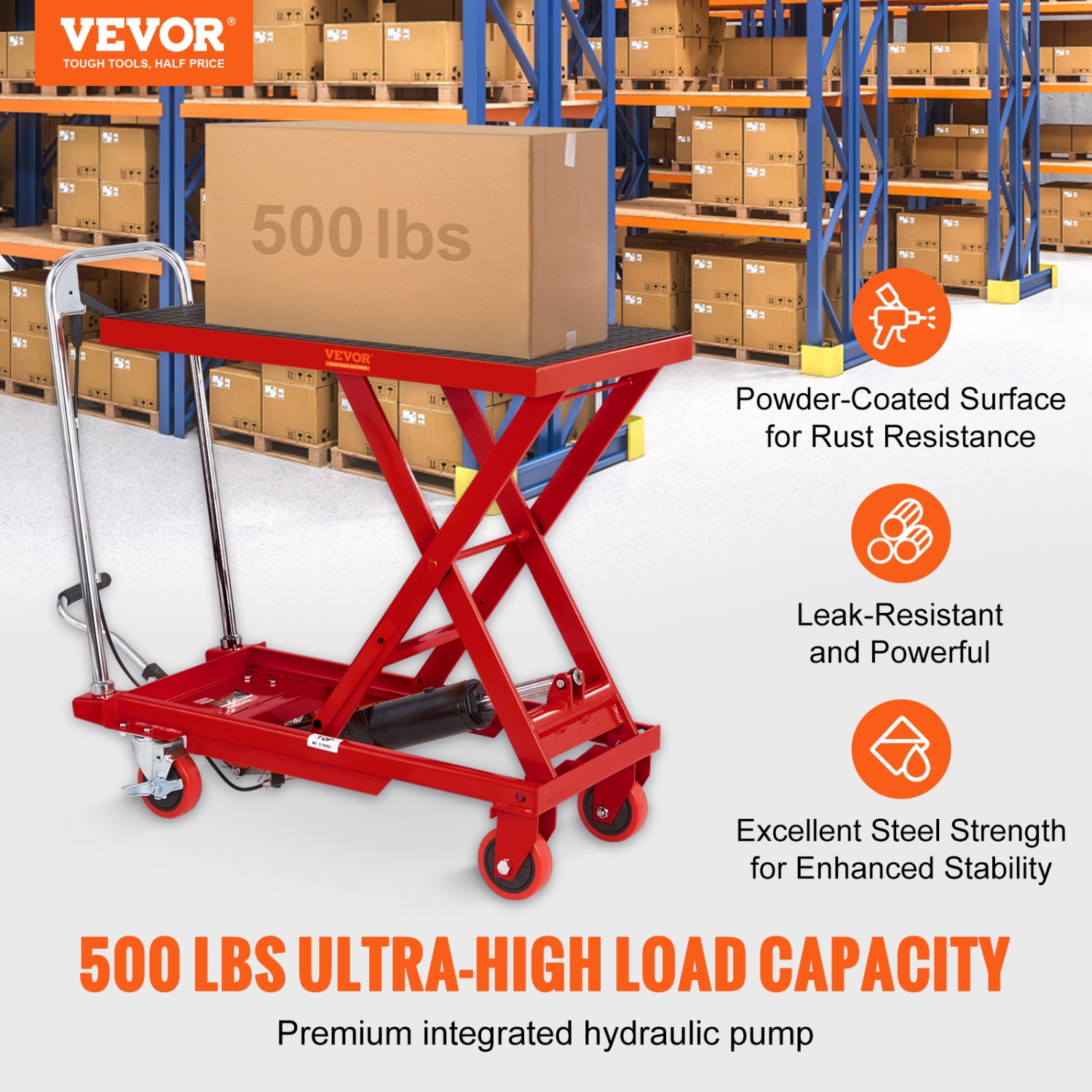 VEVOR 28.5" Hydraulic Lift Table Cart, 500lbs Capacity Lifting Height, Manual Single Scissor Lift Table with 4 Wheels and Non-slip Pad, Hydraulic