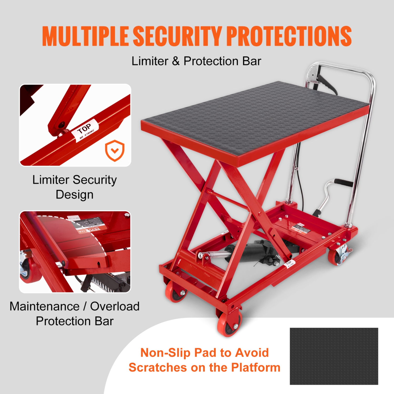 VEVOR 28.5" Hydraulic Lift Table Cart, 500lbs Capacity Lifting Height, Manual Single Scissor Lift Table with 4 Wheels and Non-slip Pad, Hydraulic