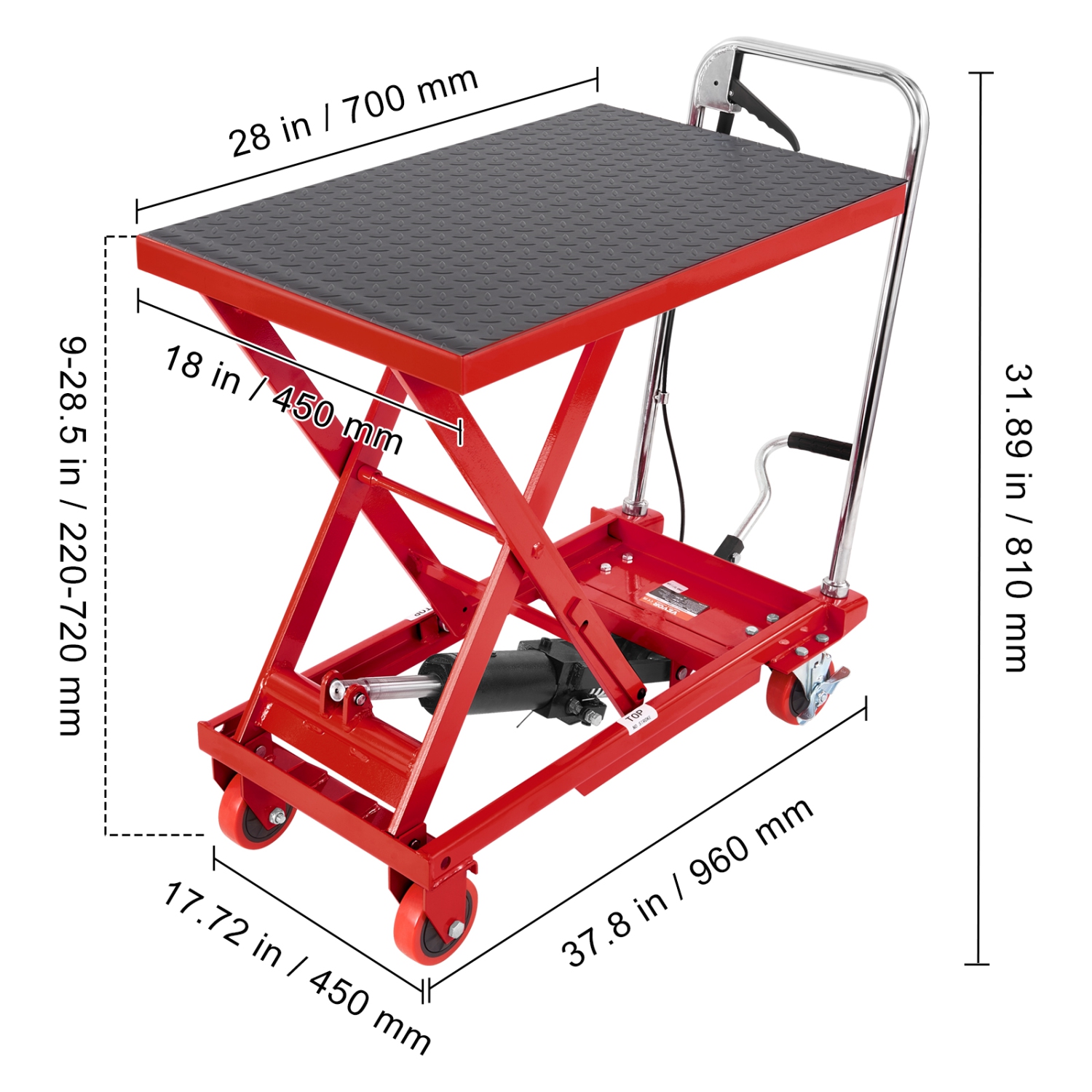 VEVOR 28.5" Hydraulic Lift Table Cart, 500lbs Capacity Lifting Height, Manual Single Scissor Lift Table with 4 Wheels and Non-slip Pad, Hydraulic