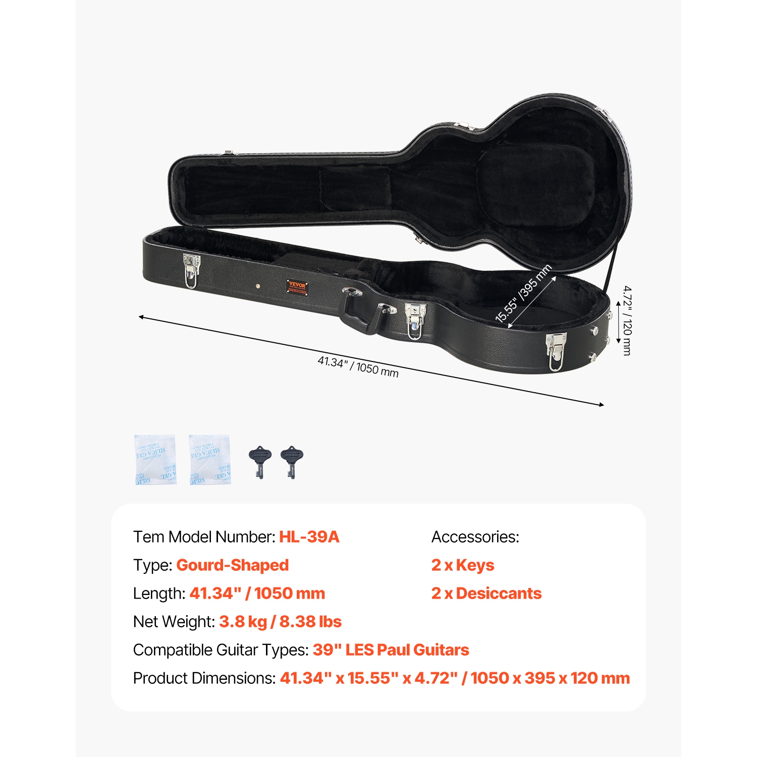 Étui rigide pour guitare électrique VEVOR de 41,34 po, forme gourde, avec poignée à verrou, doublure souple en PVC, étui rigide résistant à