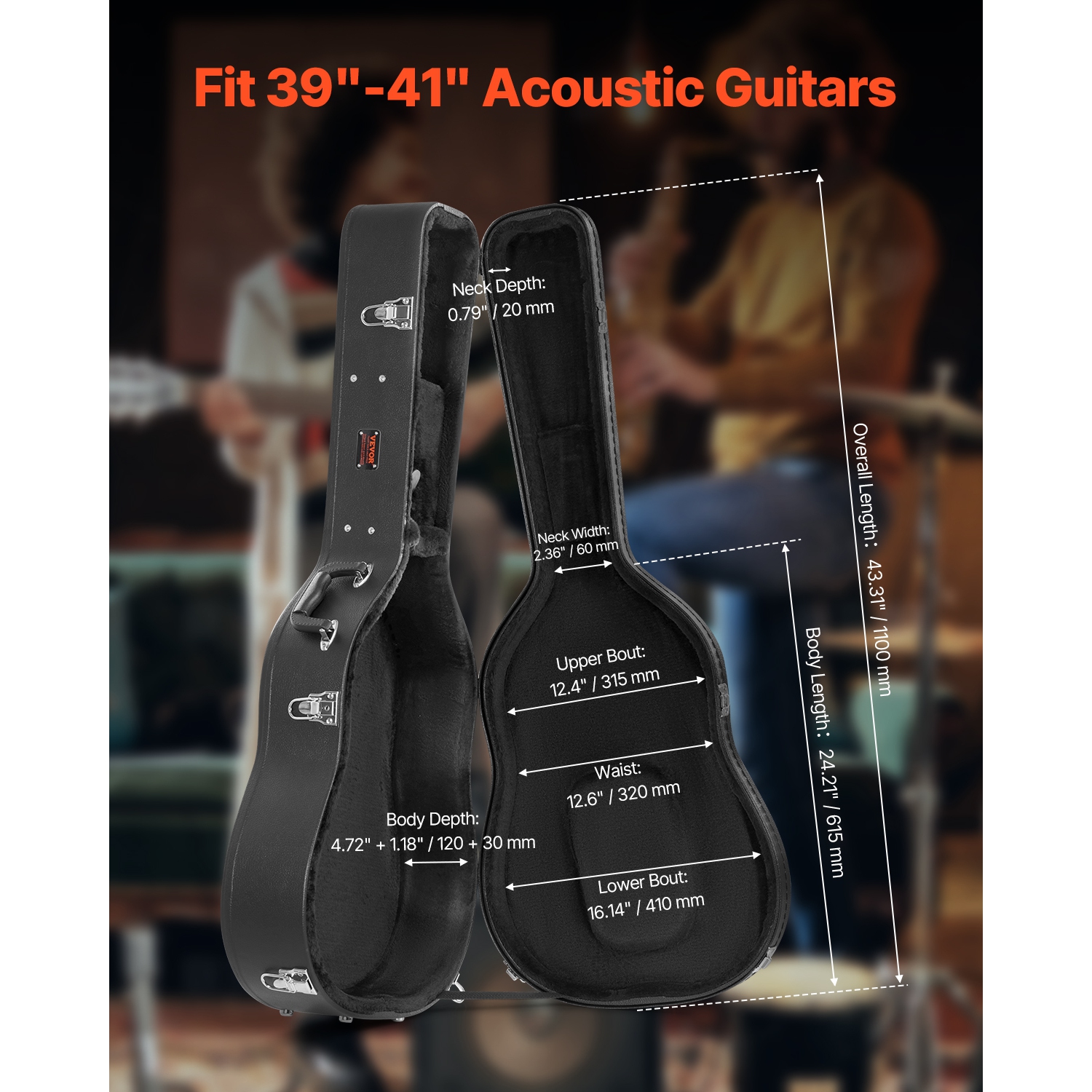 Étui rigide pour guitare acoustique VEVOR de 43,31&nbsp;po, forme gourde, poignée à verrou, étui rigide à doublure souple résistant à l'eau, pour
