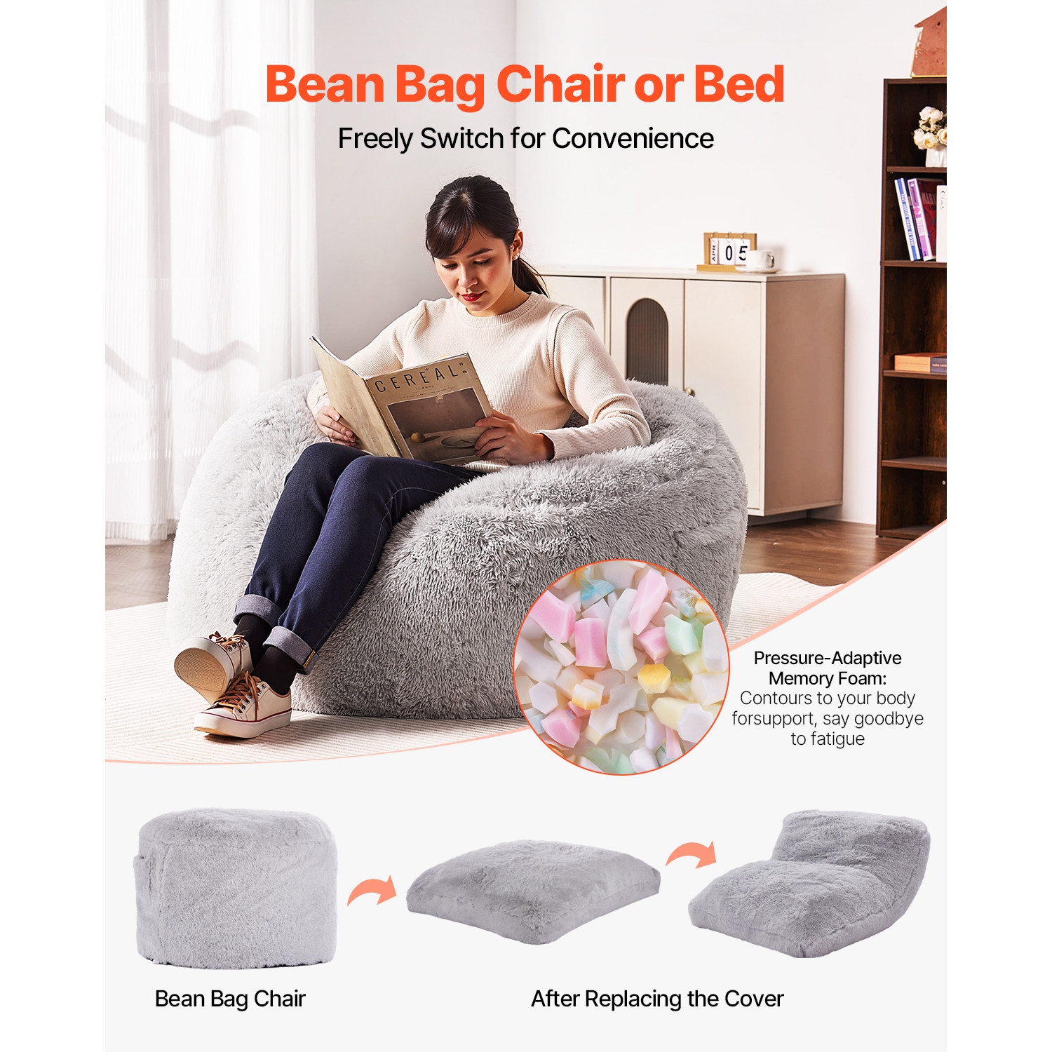 VEVOR Bean Bag Bed Chair, Convertible Chair from BeanBag to Lounge or Mattress,Gaint Bean Bag Chair Bed with Washable Cover for Adults,Foam Filling