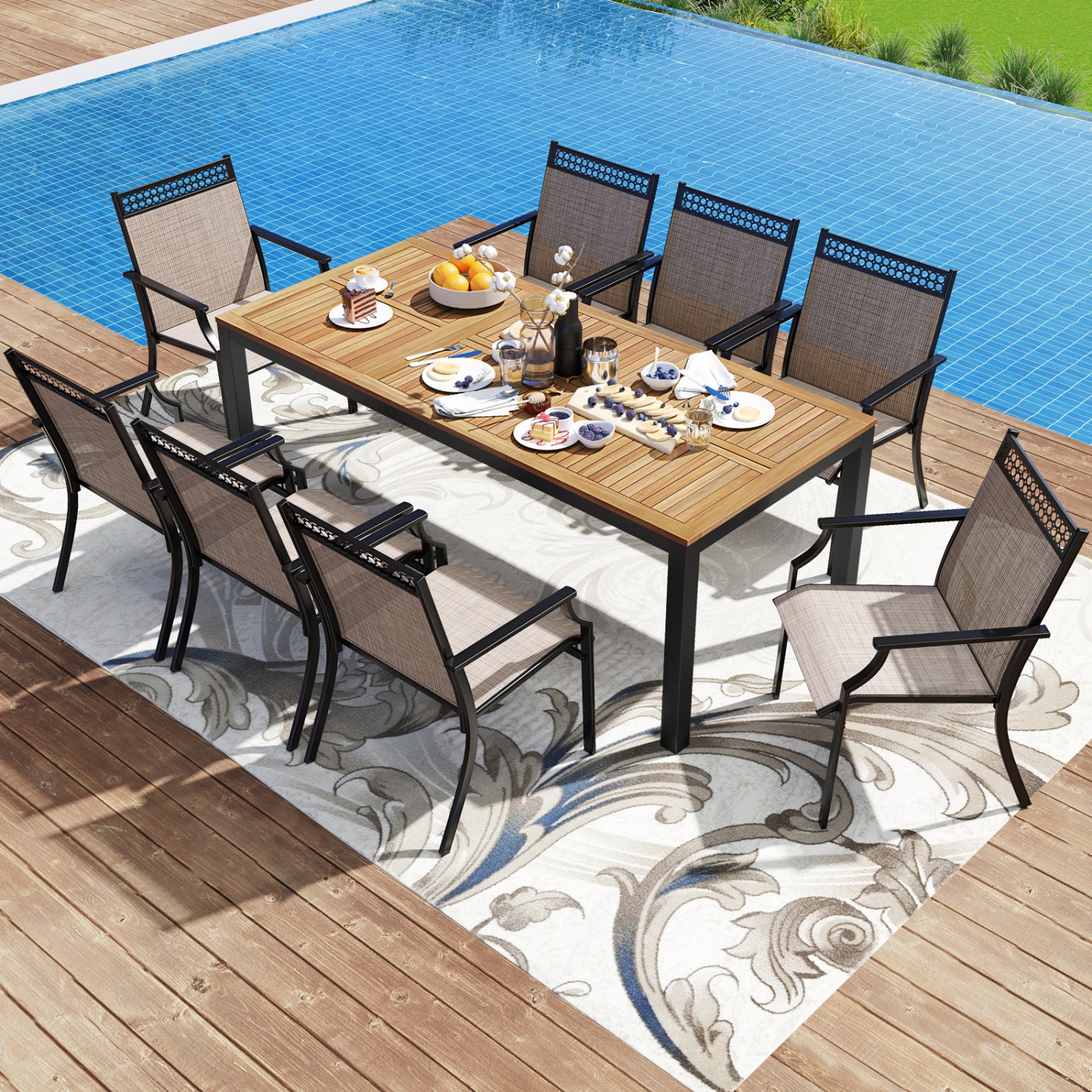 Gymax 9-Piece Outdoor Patio Furniture w/ Large Wooden Tabletop & Umbrella Hole