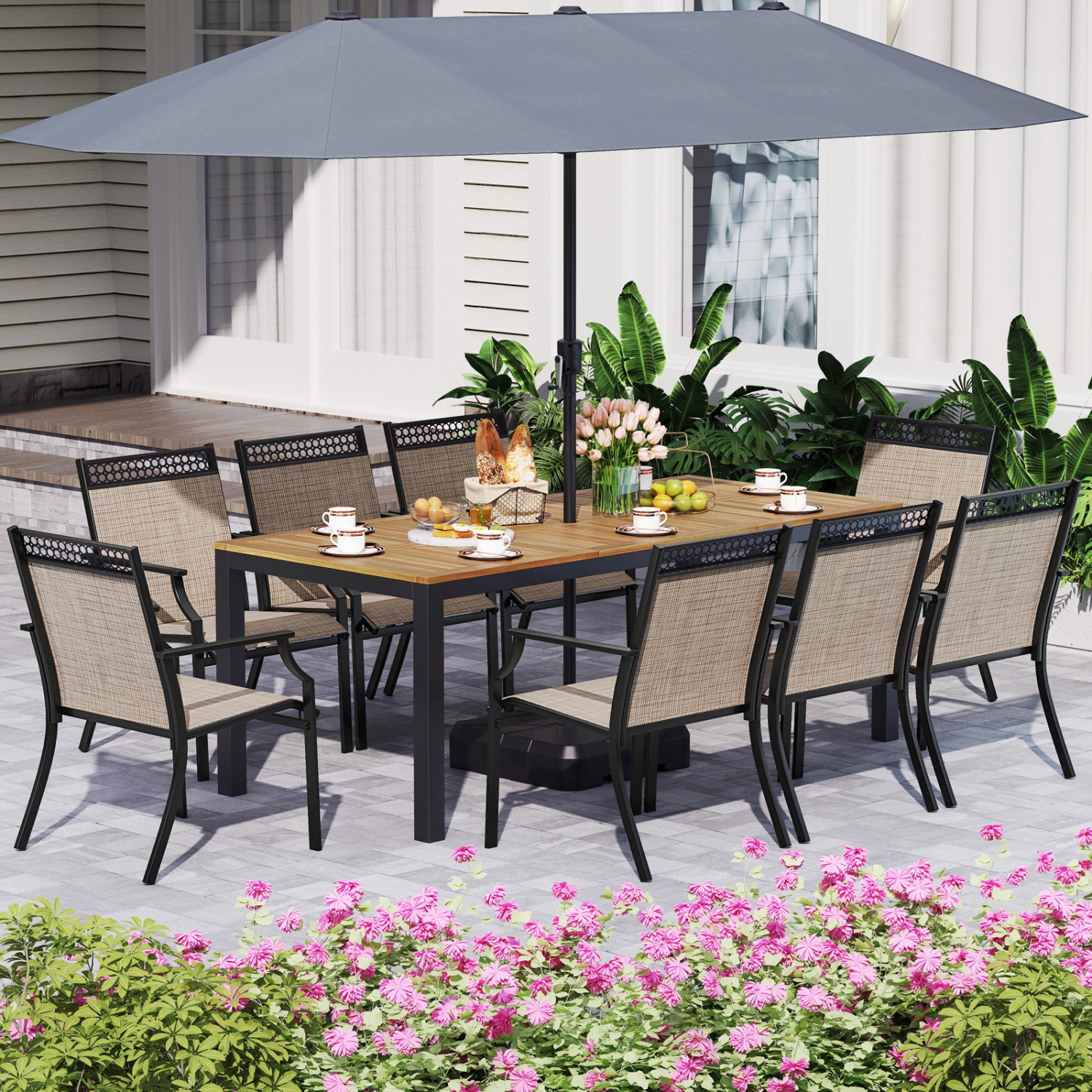 Gymax 9-Piece Outdoor Patio Furniture w/ Large Wooden Tabletop & Umbrella Hole