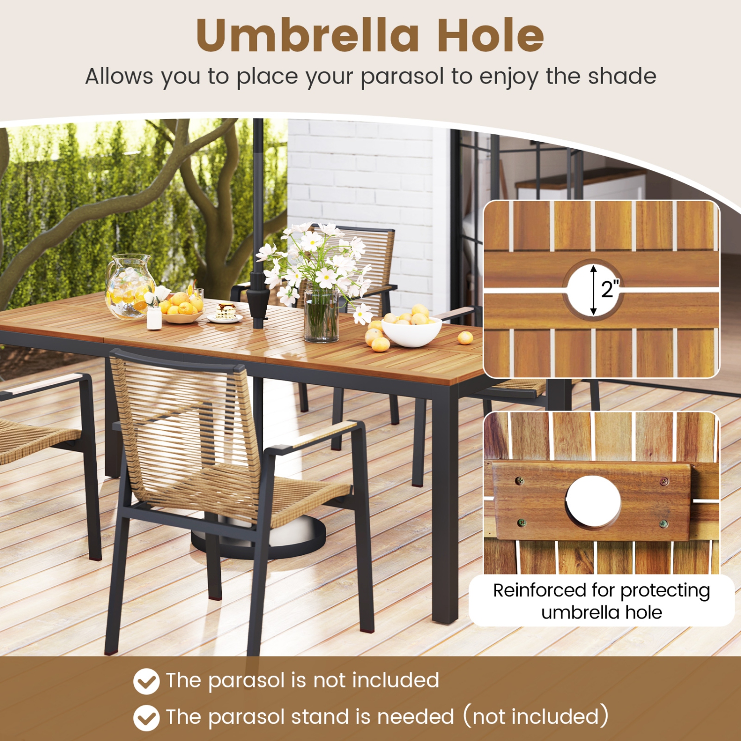 Gymax 9-Piece Outdoor Patio Furniture w/ Large Wooden Tabletop & Umbrella Hole