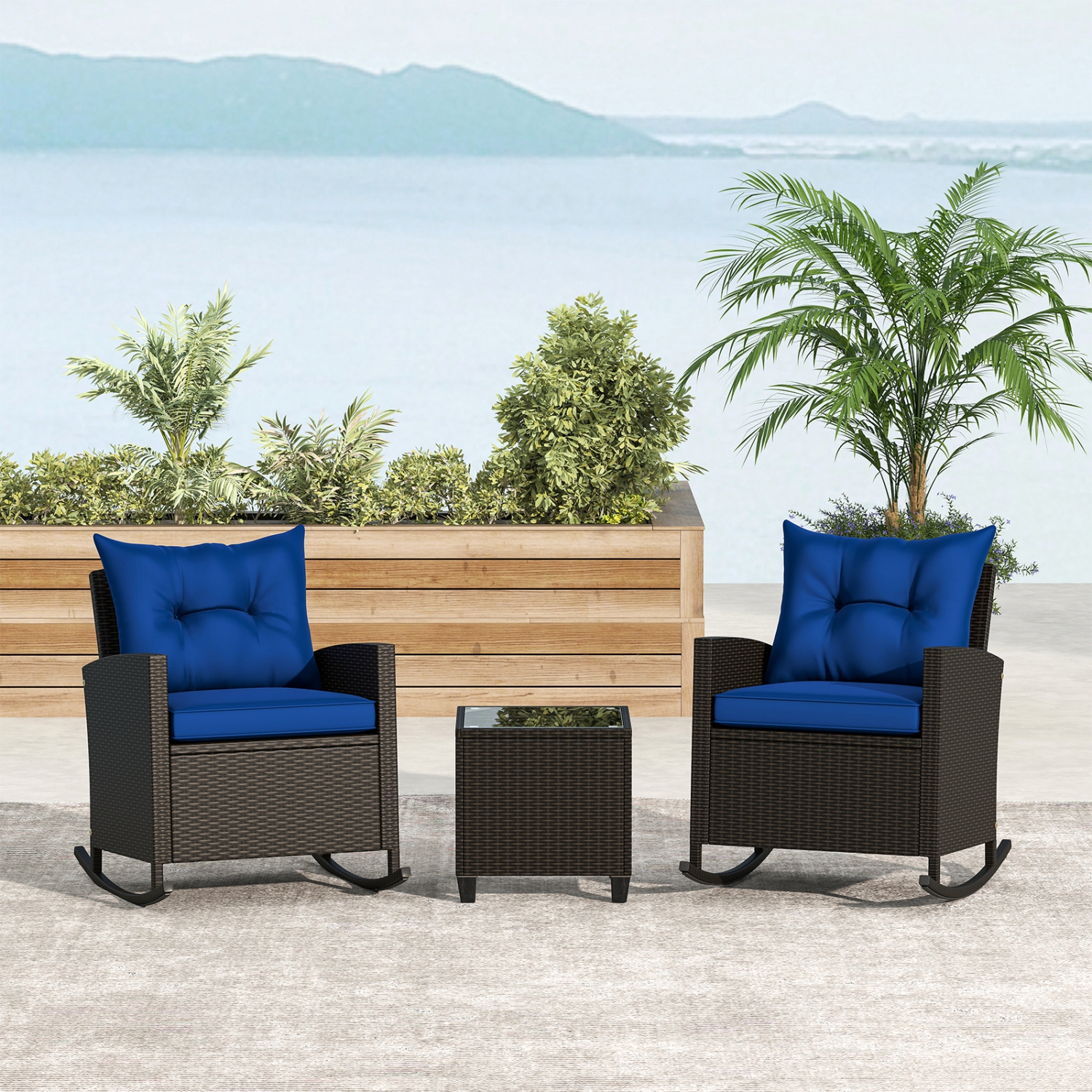 Gymax Set of 3 Wicker Rocking Set w/ Tempered Glass Table Patio Outdoor