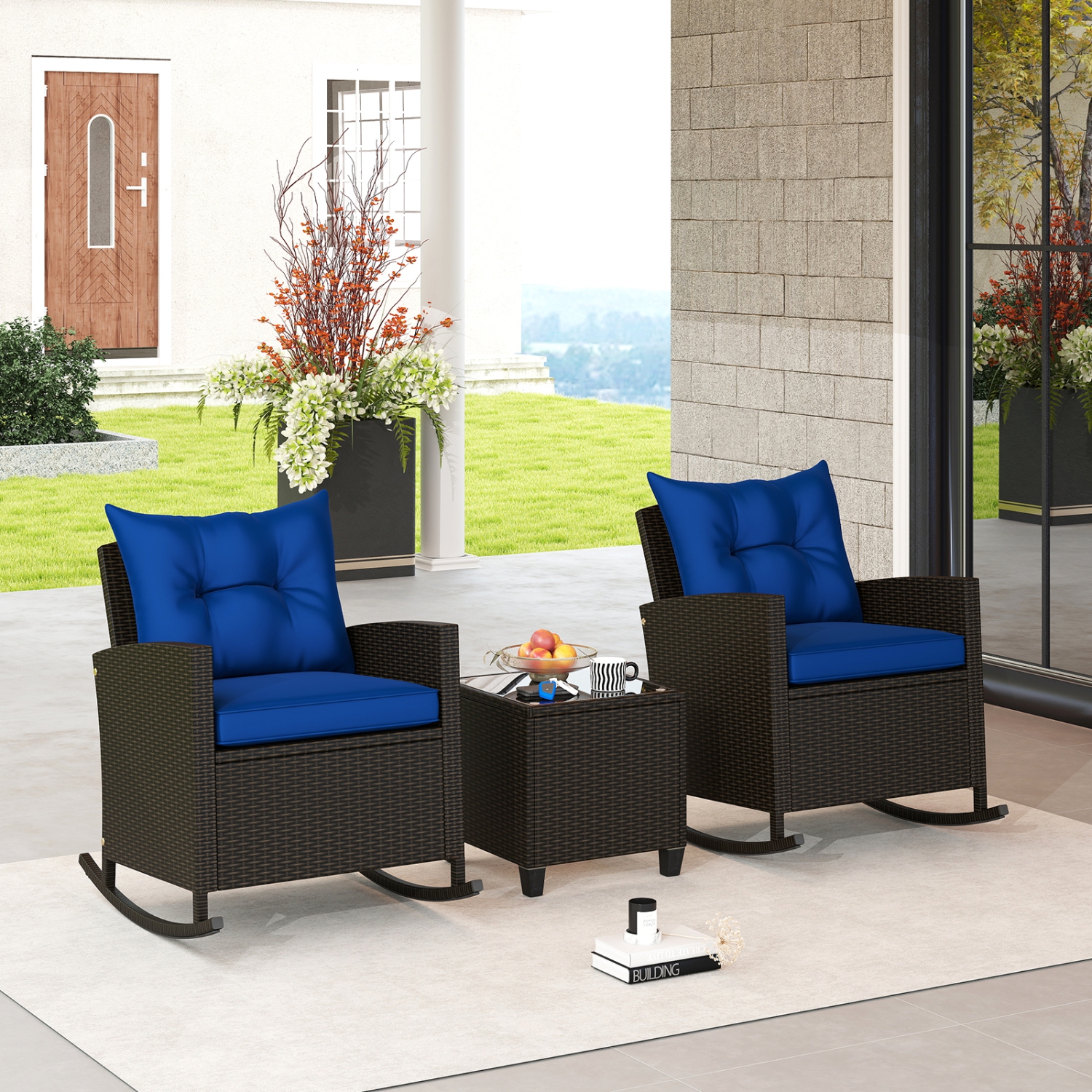 Gymax Set of 3 Wicker Rocking Set w/ Tempered Glass Table Patio Outdoor