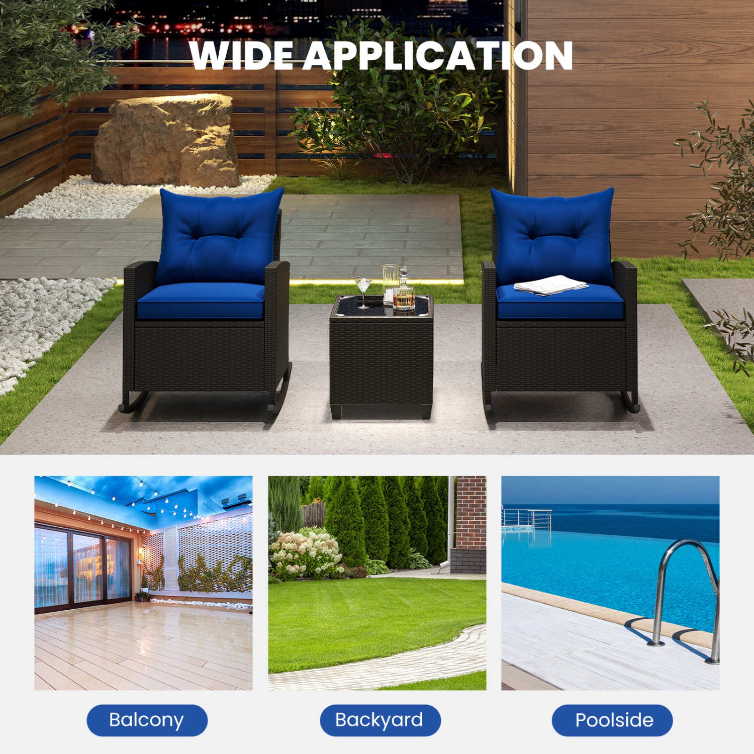 Gymax Set of 3 Wicker Rocking Set w/ Tempered Glass Table Patio Outdoor