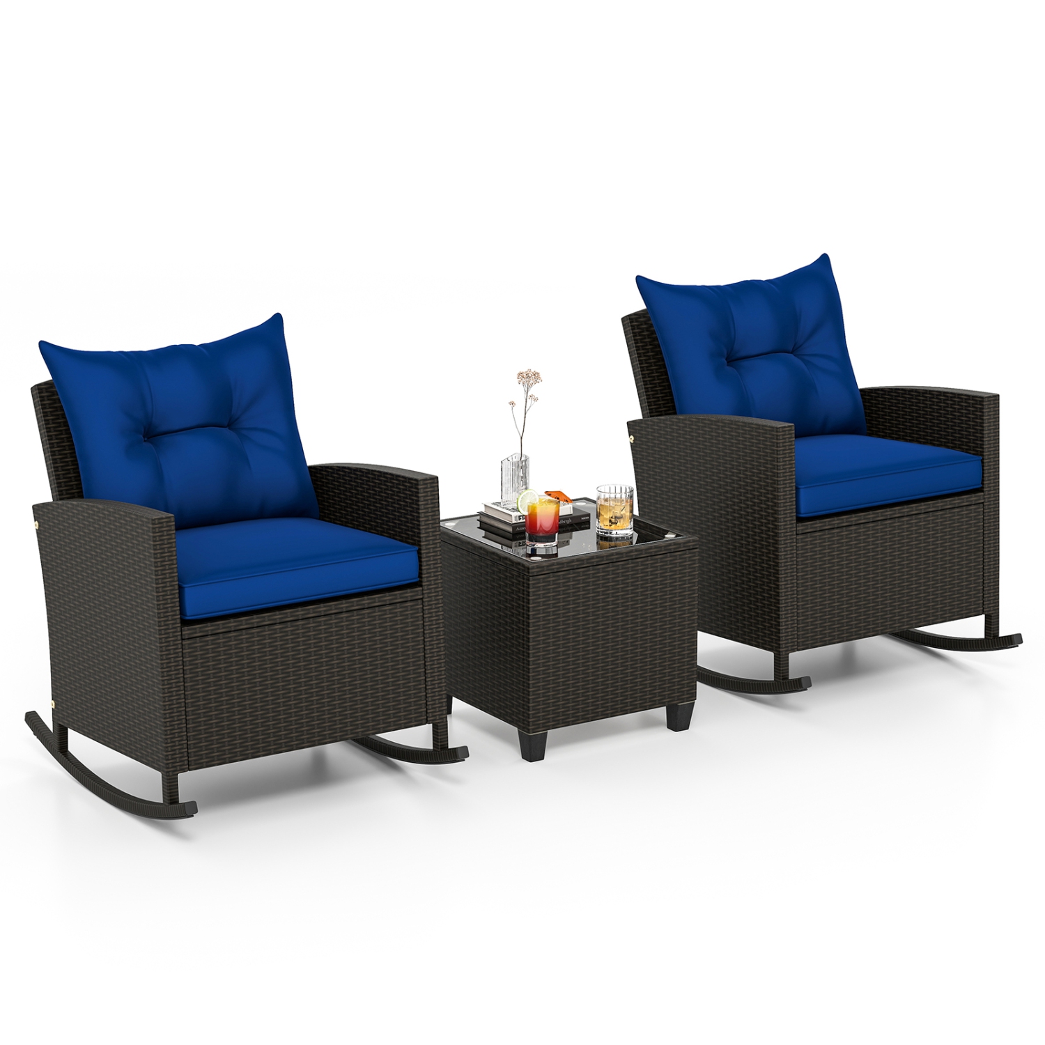 Gymax Set of 3 Wicker Rocking Set w/ Tempered Glass Table Patio Outdoor