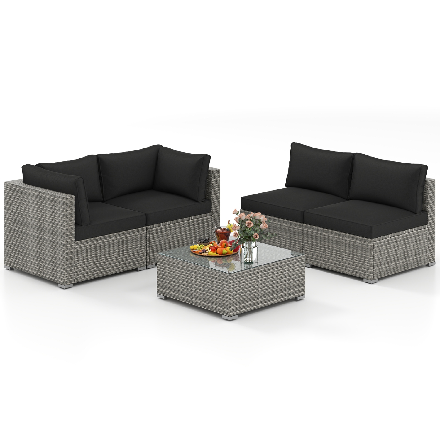 Gymax 5PCS Patio Sectional Sofa Couch PE Rattan Conversation Set Outdoor