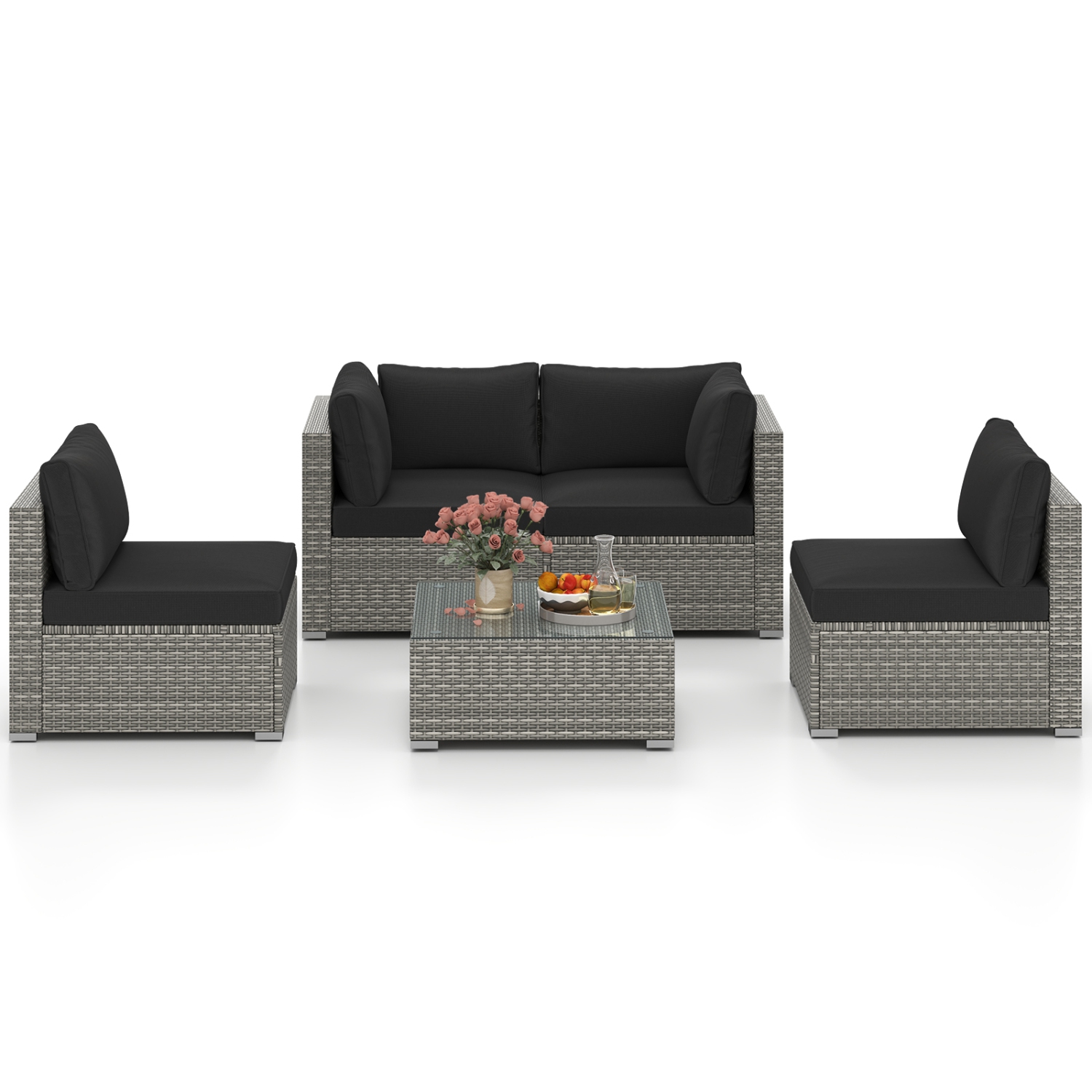 Gymax 5PCS Patio Sectional Sofa Couch PE Rattan Conversation Set Outdoor
