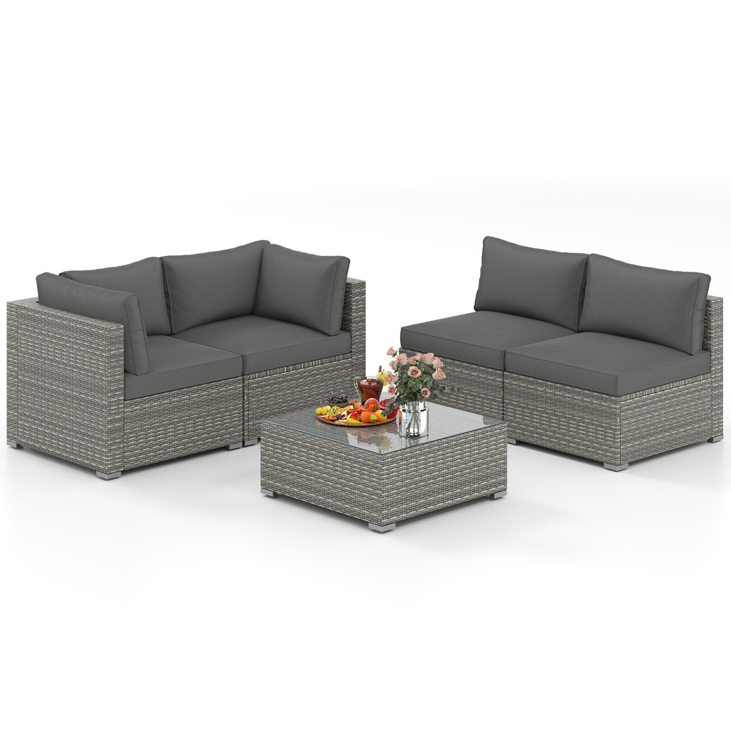Gymax 5PCS Patio Sectional Sofa Couch PE Rattan Conversation Set Outdoor