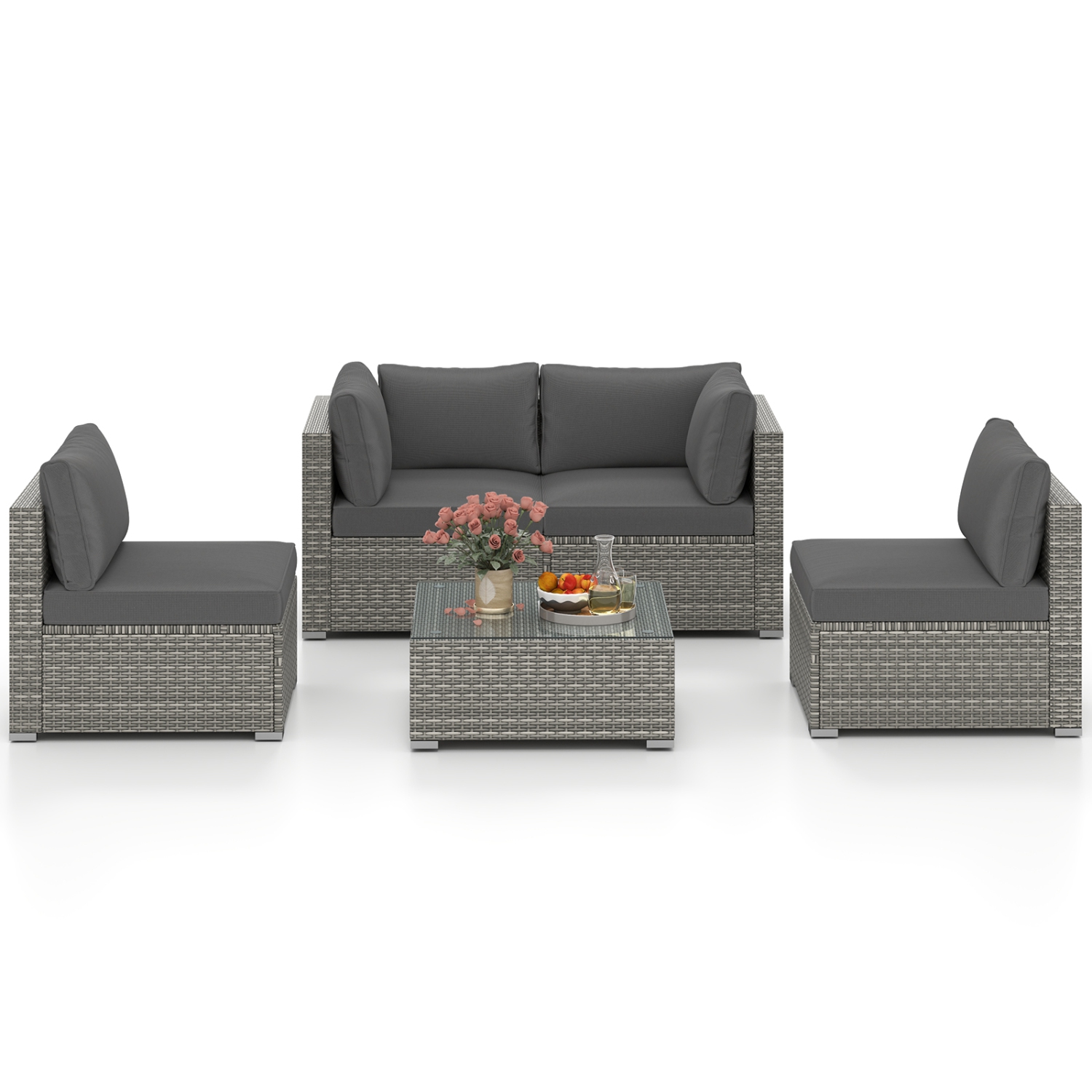 Gymax 5PCS Patio Sectional Sofa Couch PE Rattan Conversation Set Outdoor