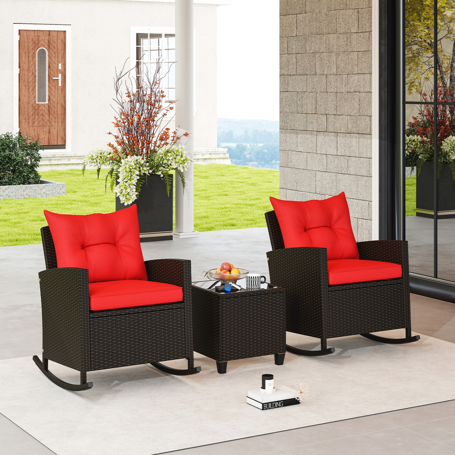 Gymax Set of 3 Wicker Rocking Set w/ Tempered Glass Table Patio Outdoor