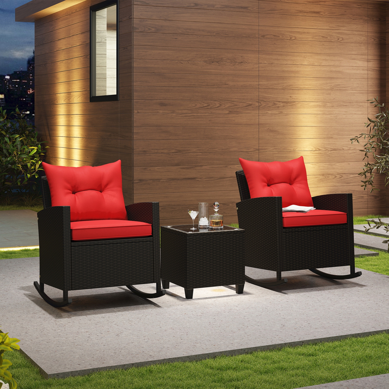 Gymax Set of 3 Wicker Rocking Set w/ Tempered Glass Table Patio Outdoor