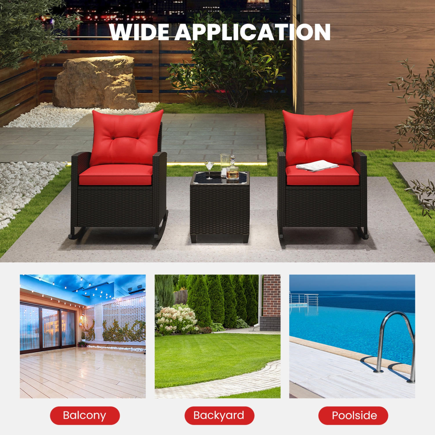 Gymax Set of 3 Wicker Rocking Set w/ Tempered Glass Table Patio Outdoor