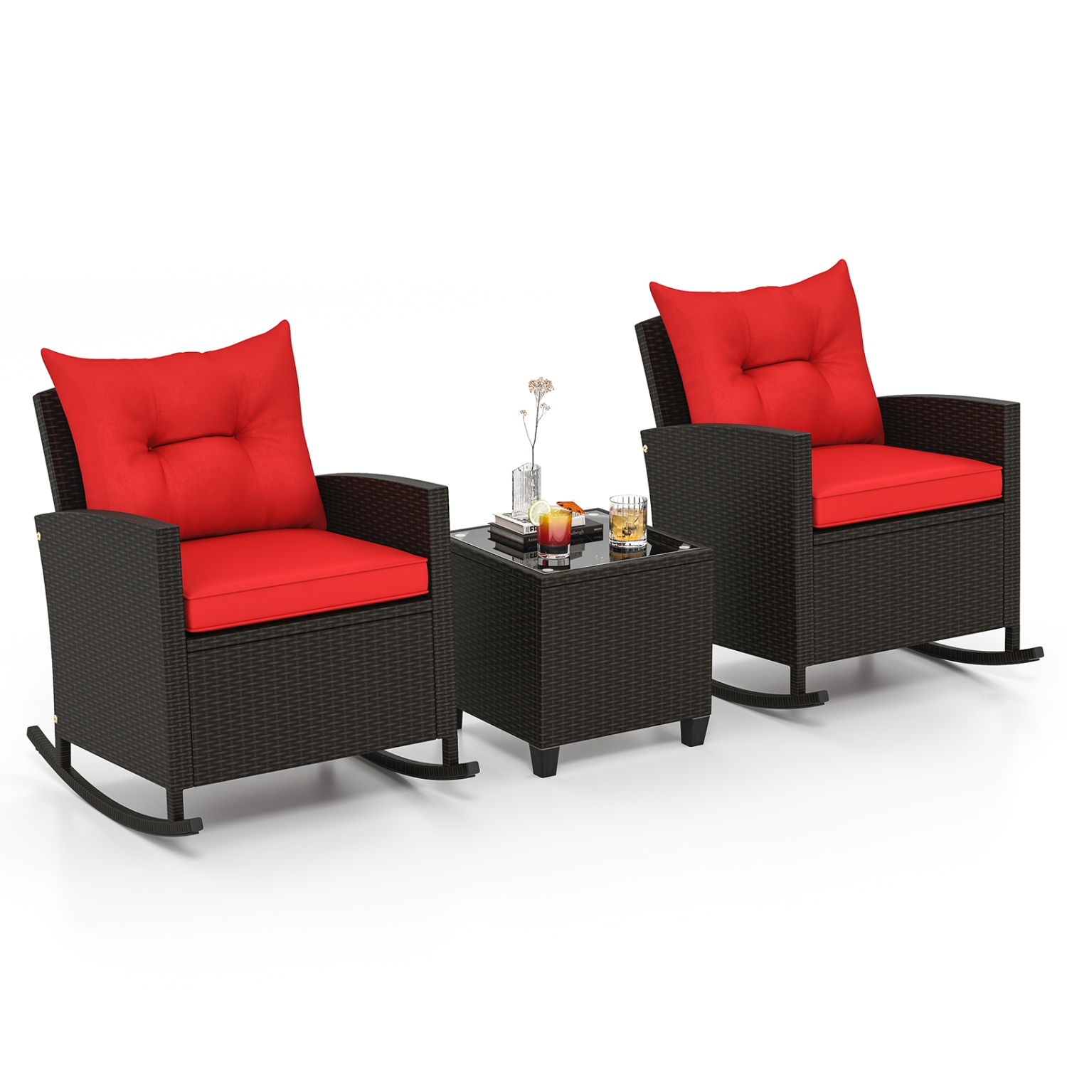 Gymax Set of 3 Wicker Rocking Set w/ Tempered Glass Table Patio Outdoor