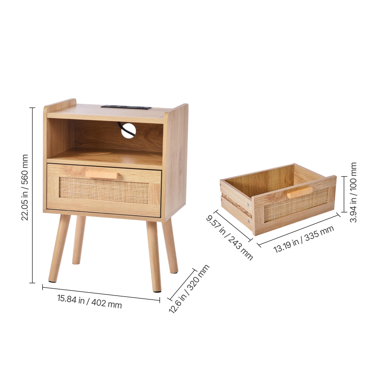 Table de chevet en rotin VEVOR, table de chevet Boho avec tiroir ouvert, table de bout en rotin avec pattes en bois massif, table d'appoint en rotin