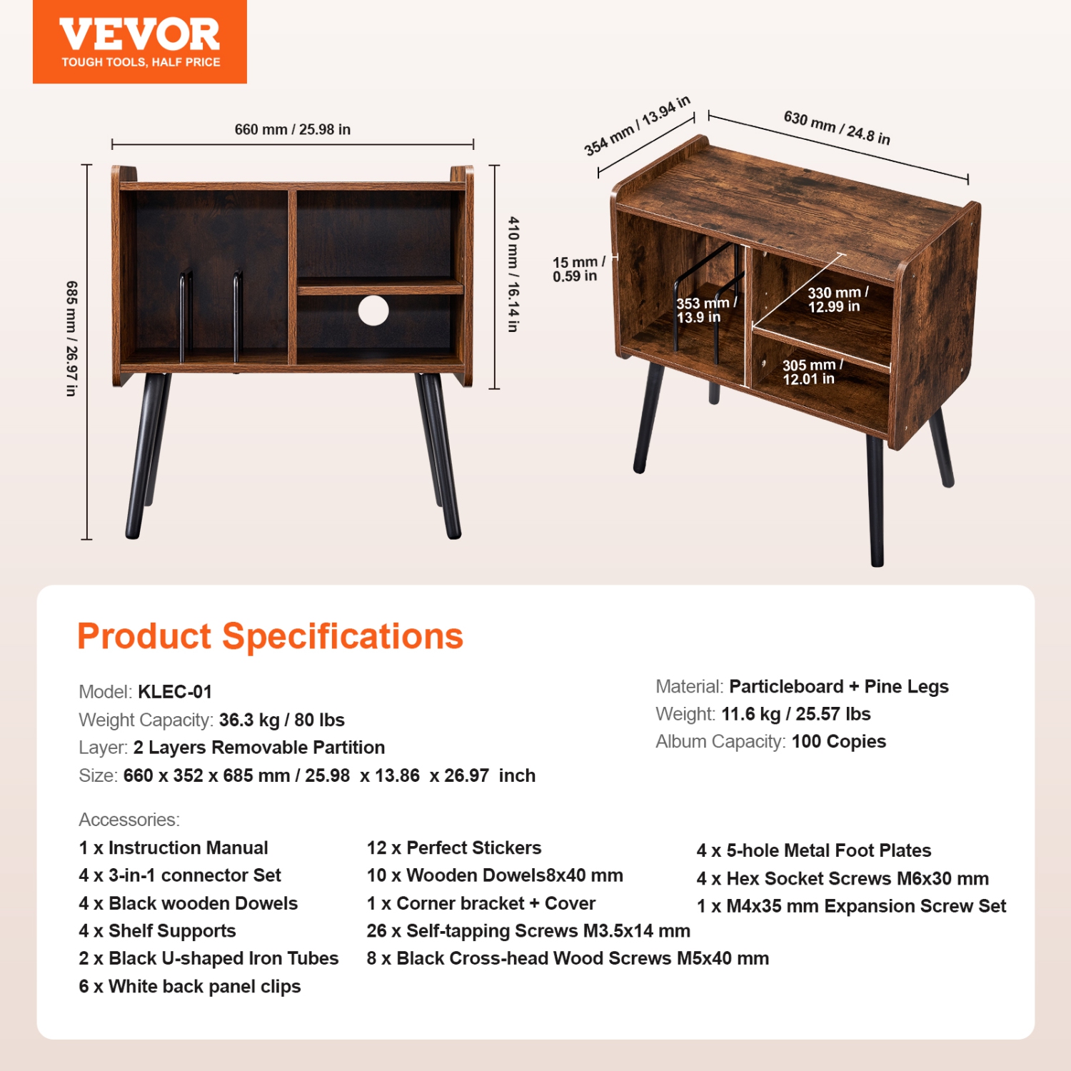 Support pour tourne-disque à capacité de 100 albums de VEVOR, support pour tourne-disque, armoire rétro en vinyle avec tablettes amovibles, table