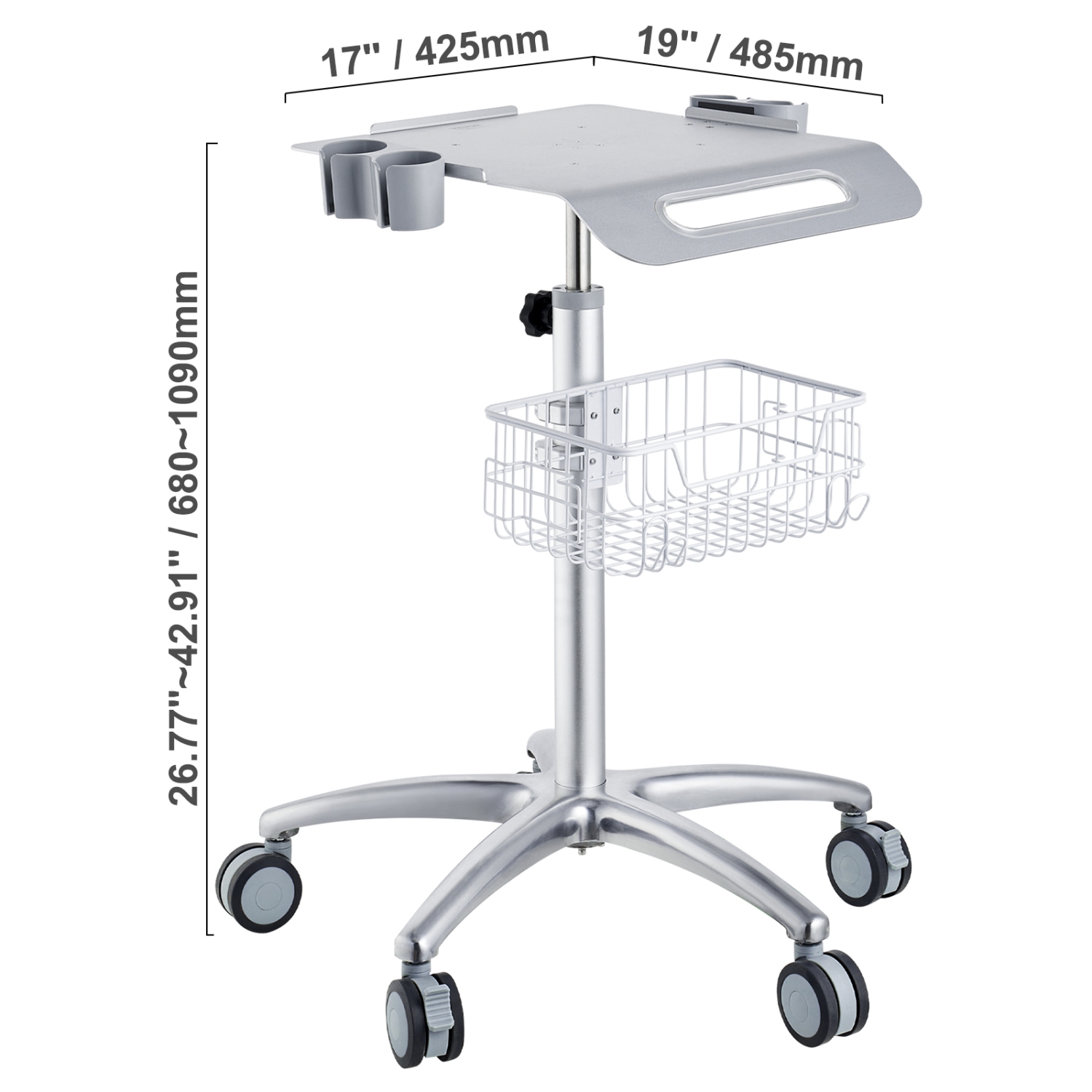 VEVOR 26.77"-42.91" Medical Cart, Salon Cart with Wheels, Mobile Trolley Cart , Metal Salon Stations for Hair Stylist, Rolling Desktop Lab Cart for