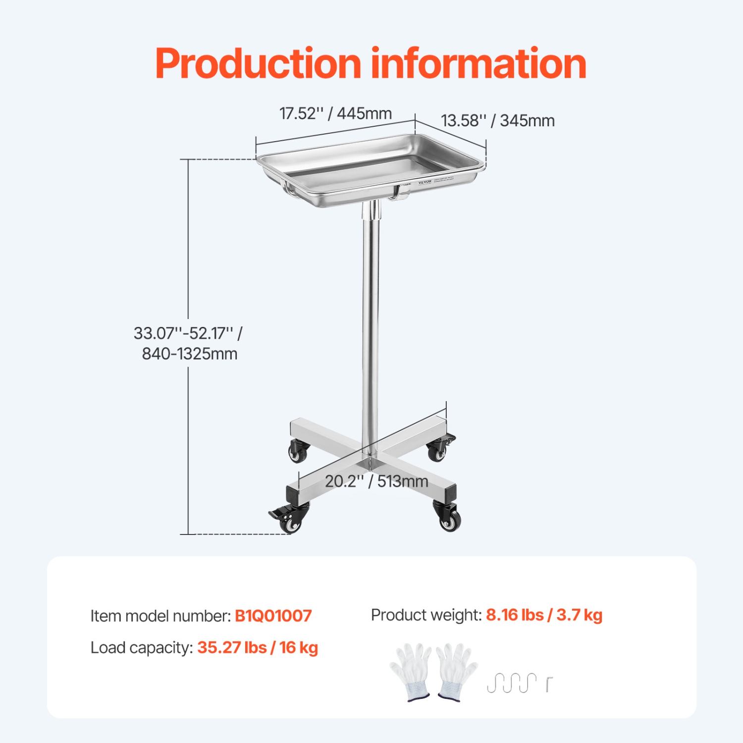 Support Mayo VEVOR de 25,2" à 39,8", plateau Mayo en acier inoxydable, capacité de charge jusqu'à 35&nbsp;lb, plateau médical sur roulettes avec