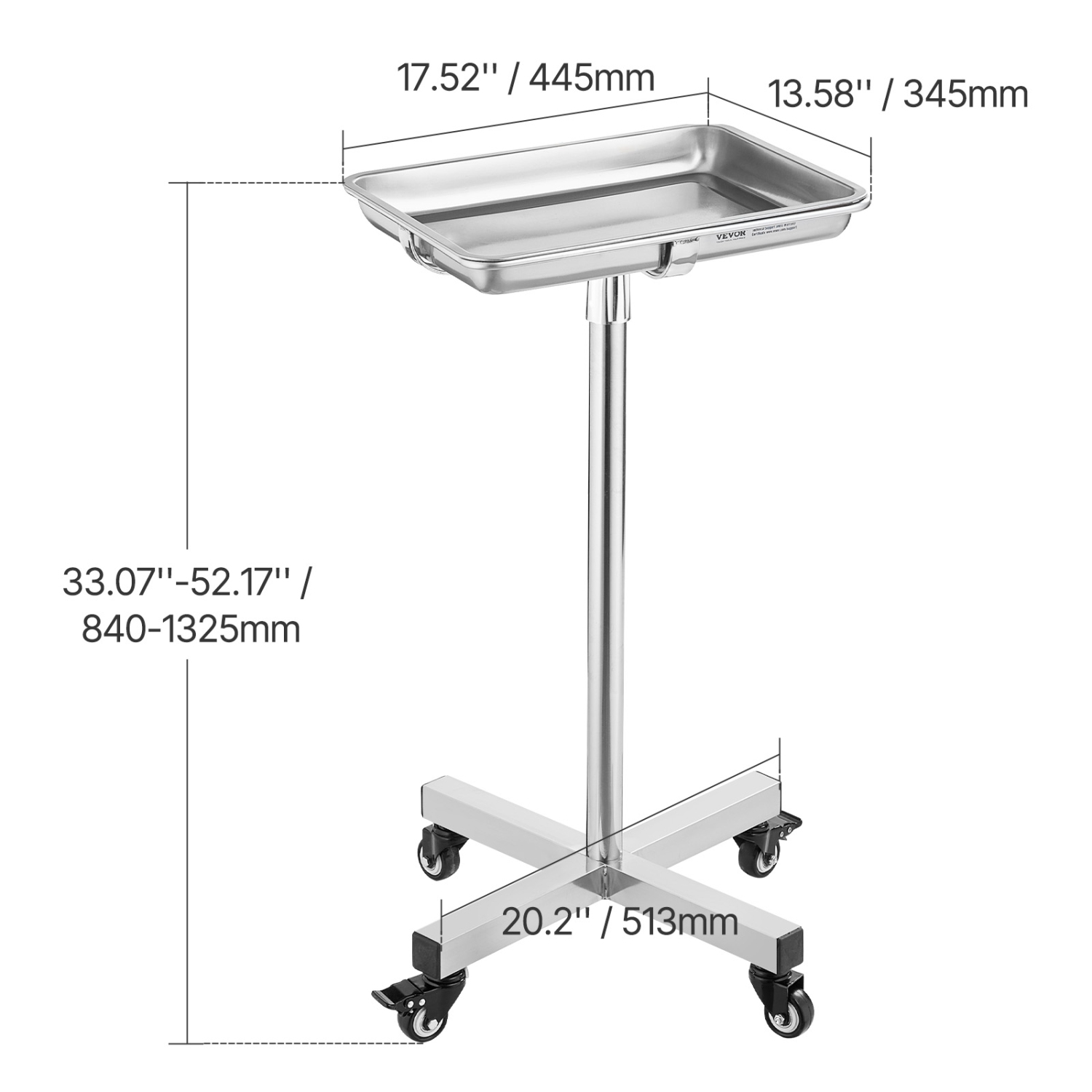 Support Mayo VEVOR de 25,2" à 39,8", plateau Mayo en acier inoxydable, capacité de charge jusqu'à 35&nbsp;lb, plateau médical sur roulettes avec