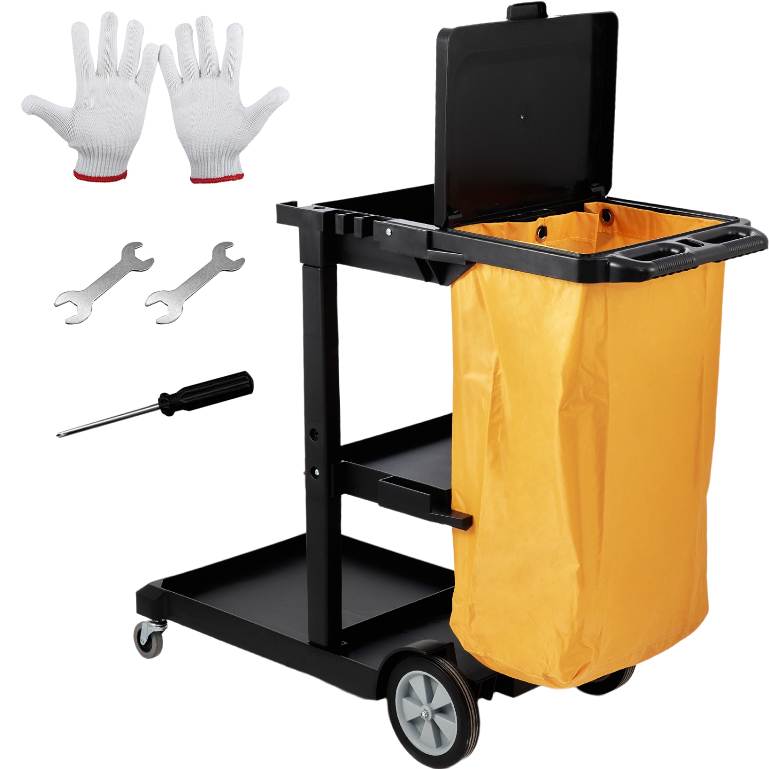 VEVOR 47" x 20" x 38.6" Cleaning Cart, 3-Shelf Commerical Janitorial Cart, 200 lbs Capacity Plastic Housekeeping Cart, with 25 Gallon PVC Bag and