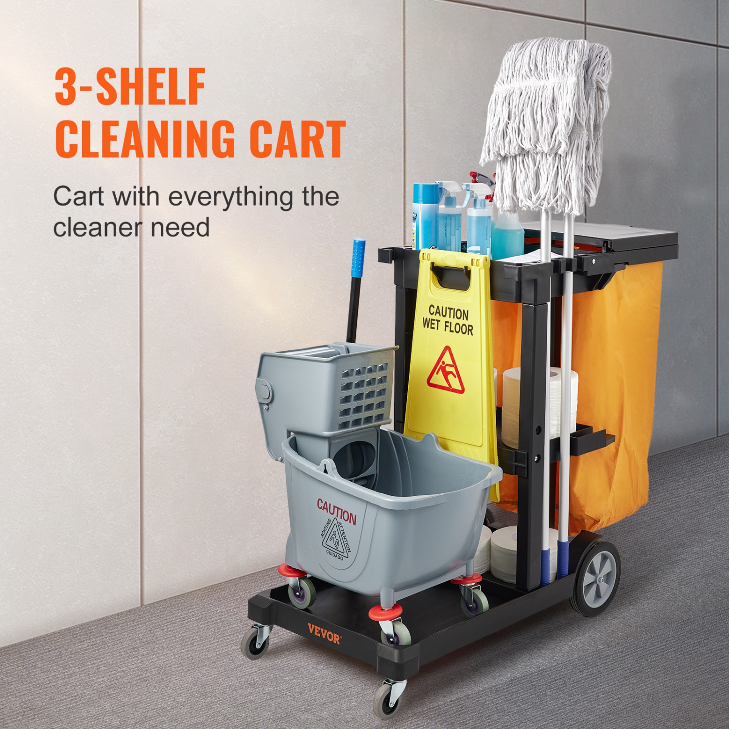 VEVOR 47" x 20" x 38.6" Cleaning Cart, 3-Shelf Commerical Janitorial Cart, 200 lbs Capacity Plastic Housekeeping Cart, with 25 Gallon PVC Bag and