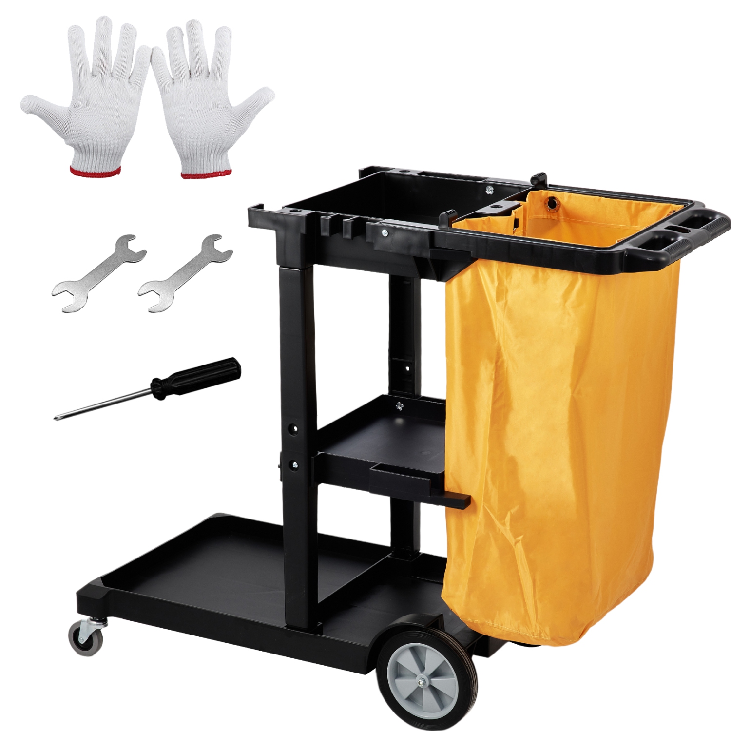 Chariot de nettoyage VEVOR de 47 x 20 x 38,6&nbsp;po, chariot d'entretien commercial à 3 tablettes, chariot d'entretien ménager en plastique de