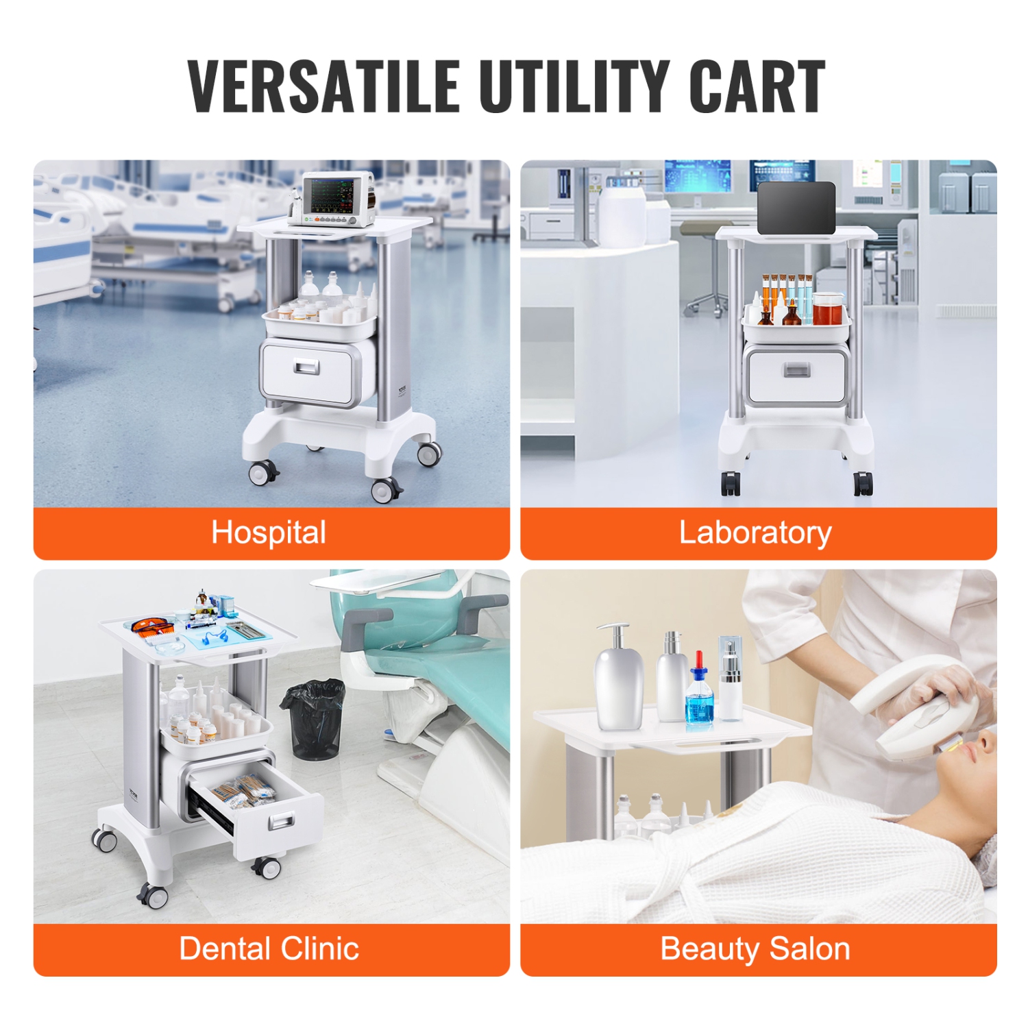VEVOR 2 Tiers Lab Carts, Lab Utility Cart with 1 Drawer & 1 Top Tray, Mobile Medical Cart with ABS Material, Lab Rolling Cart with 4 Silent Wheels