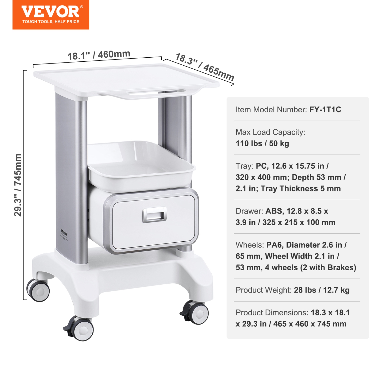 VEVOR 2 Tiers Lab Carts, Lab Utility Cart with 1 Drawer & 1 Top Tray, Mobile Medical Cart with ABS Material, Lab Rolling Cart with 4 Silent Wheels