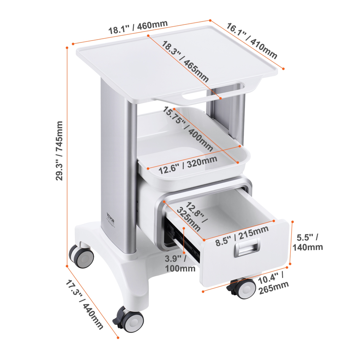 VEVOR 2 Tiers Lab Carts, Lab Utility Cart with 1 Drawer & 1 Top Tray, Mobile Medical Cart with ABS Material, Lab Rolling Cart with 4 Silent Wheels