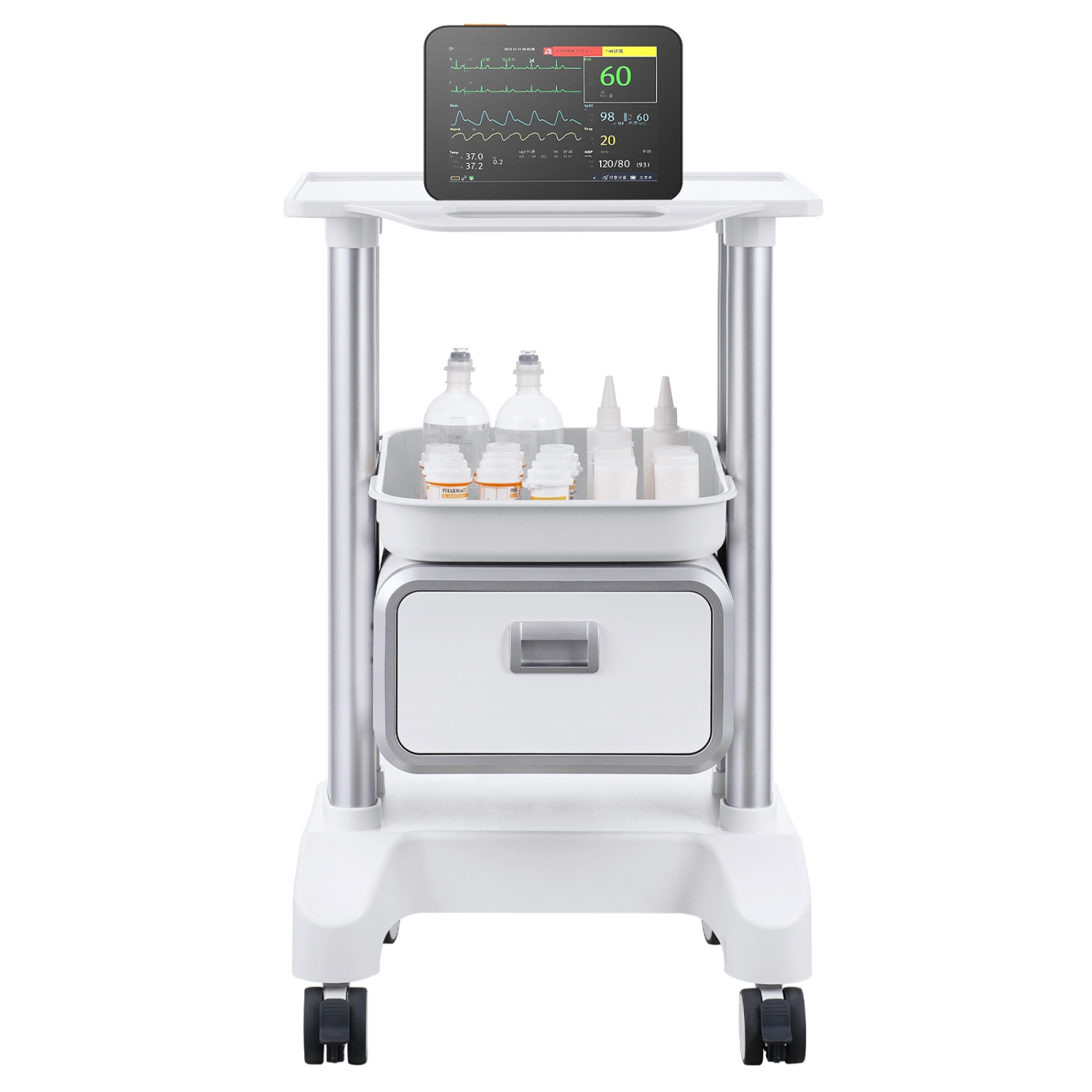 VEVOR 2 Tiers Lab Carts, Lab Utility Cart with 1 Drawer & 1 Top Tray, Mobile Medical Cart with ABS Material, Lab Rolling Cart with 4 Silent Wheels