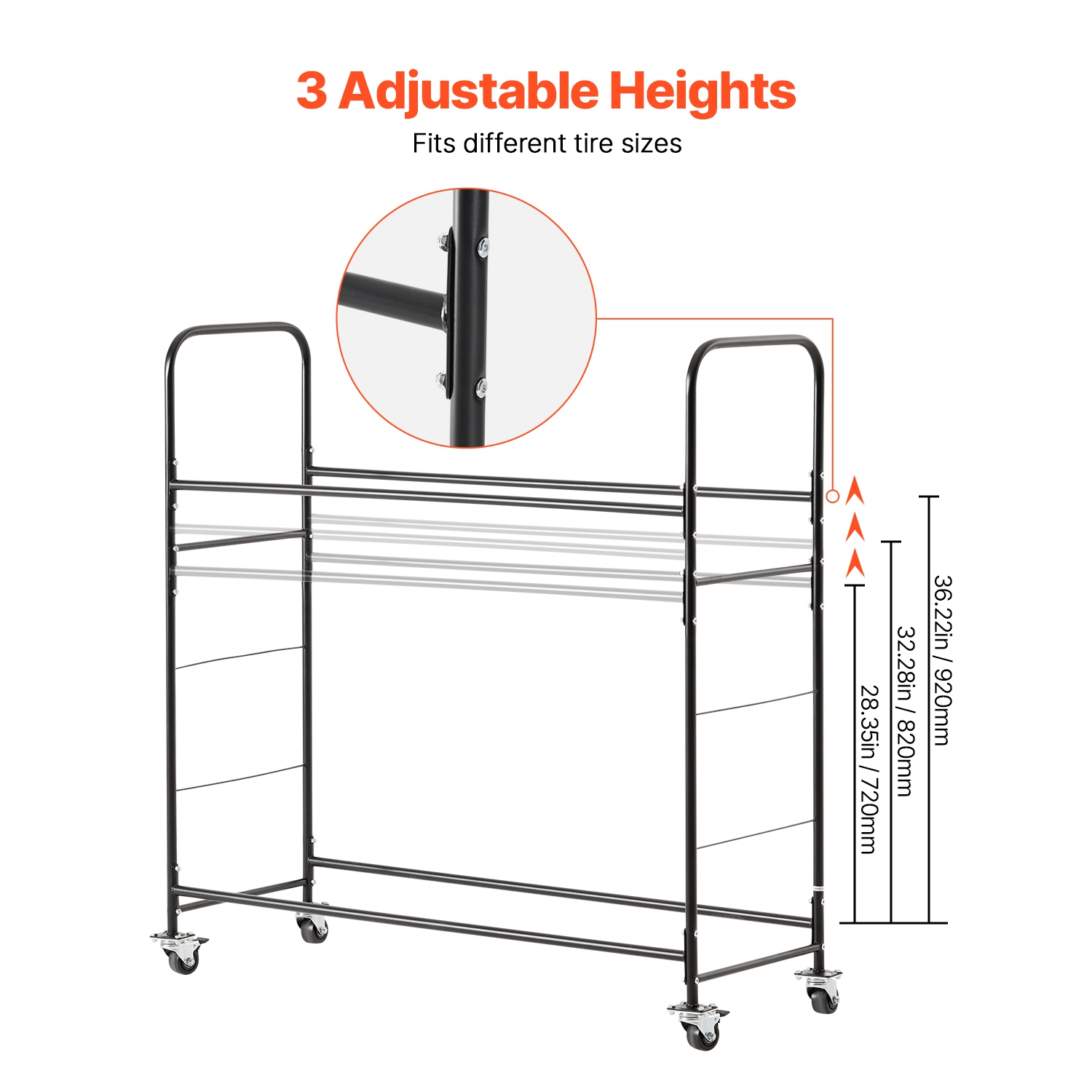 VEVOR 2-Shelf Rolling Tire Storage Rack, Tire Holder and Transport Trailer, Heavy-Duty Steel Cart with Wheel, Adjustable Height & Protective Cover,