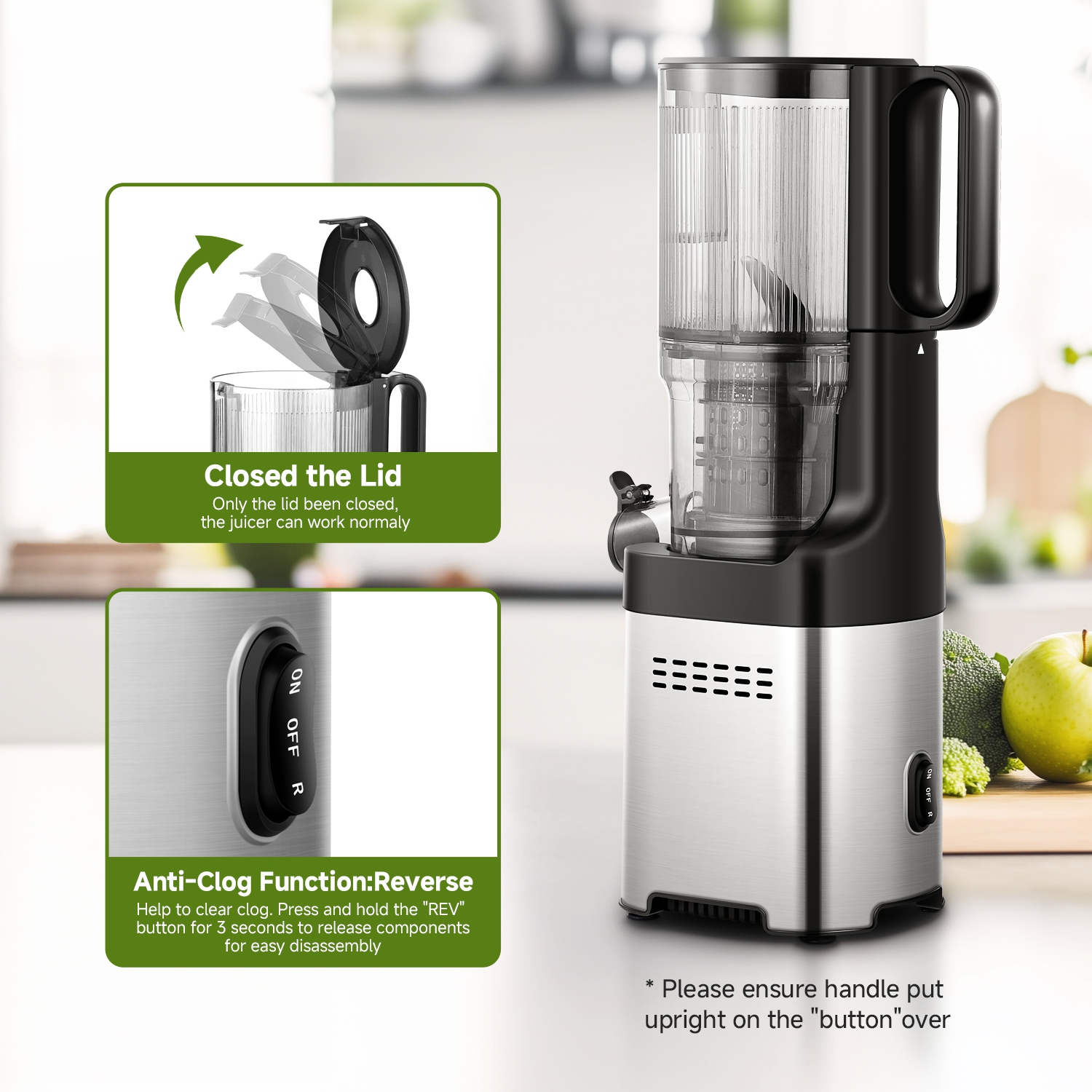 60&nbsp;tr/min d'extraction lente à froid, extracteurs à jus masticateurs avec grande tarière et trois tampons, goulotte d'alimentation 5.4&nbsp;po