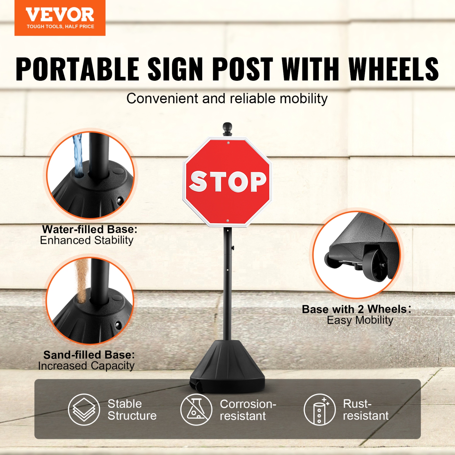 VEVOR 5 ft Portable Sign Post, Cast Iron Sign Post Holder with Hard Plastic Base & Wheels, Movable Parking Sign Stand for No Parking Street Signs,