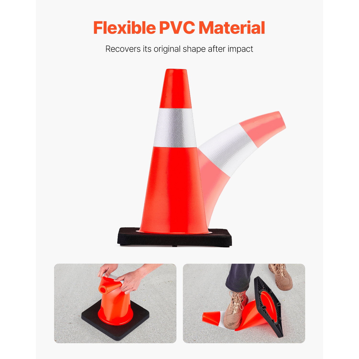 VEVOR 18 in/45 cm Safety Cones, 5 PCS PVC Orange Traffic Cone with Reflective Collar and Black Weighted Base, Used for Traffic Control, Driveway Road