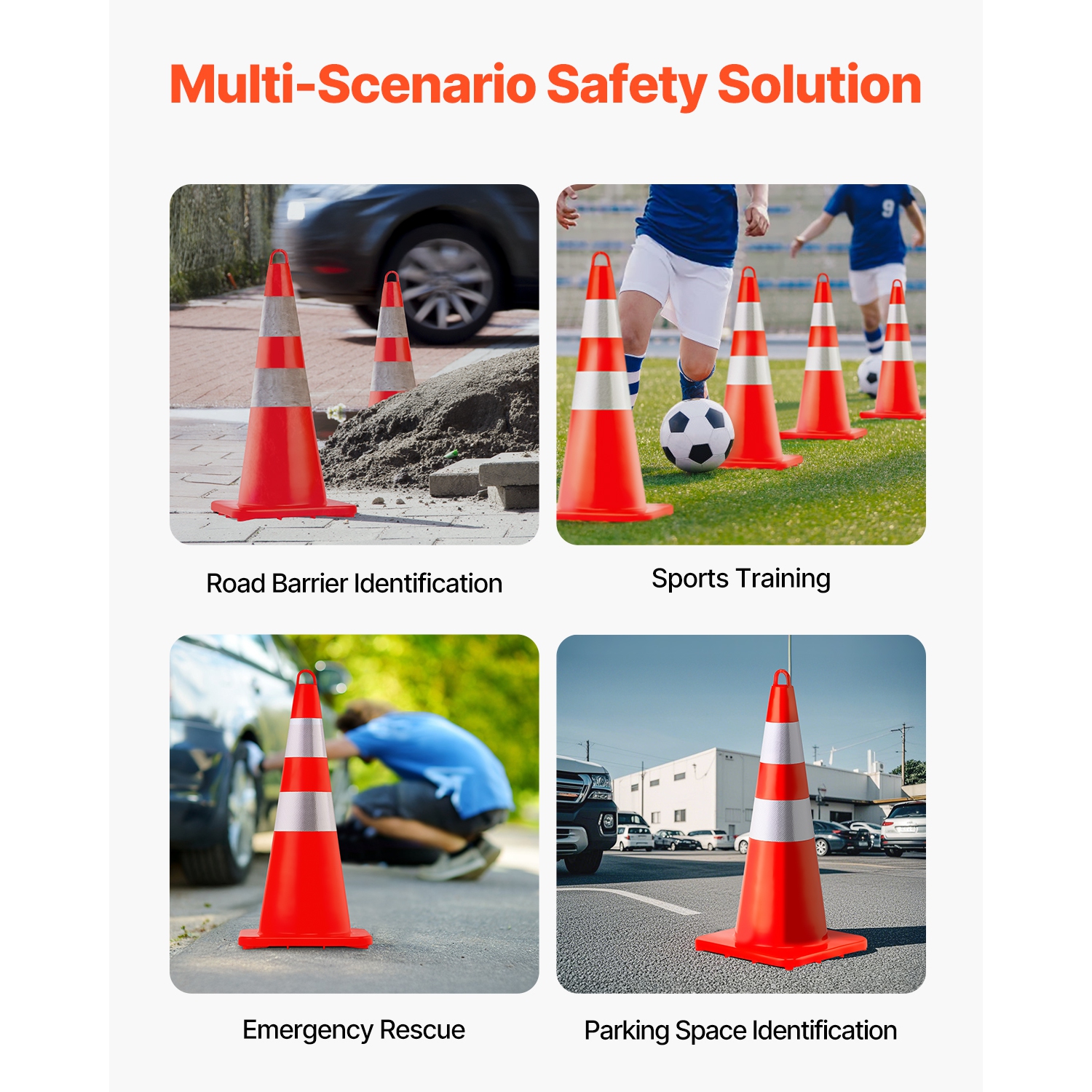VEVOR 10PCS 28" Safety Cones, Traffic Cones, PVC Orange Construction Cones, 2 Reflective Collars Traffic Cones with Weighted Base and Hand-Held Ring