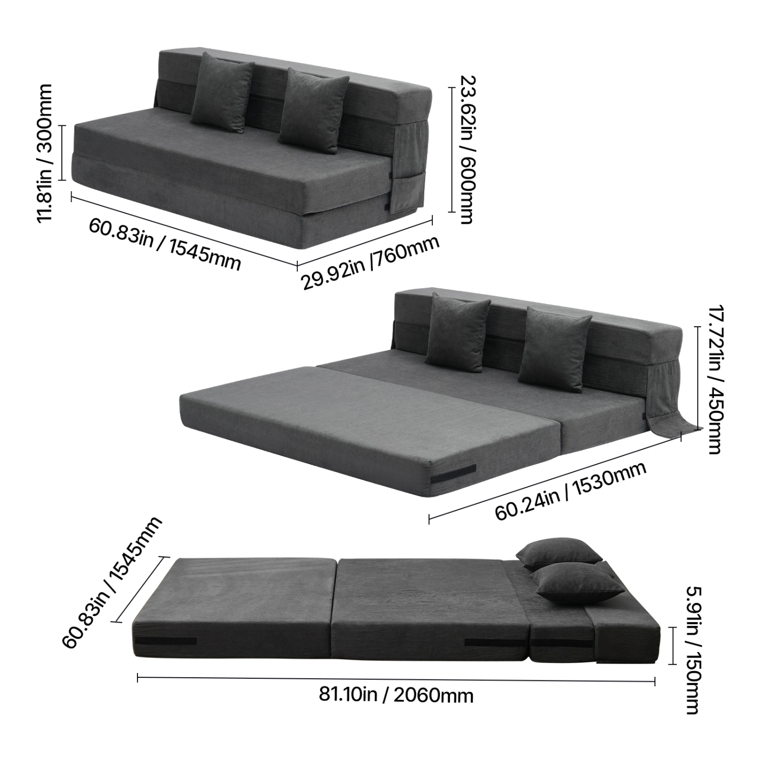 VEVOR 3-in-1 Folding Sofa Bed, Foldable Couch Bed with 2 Pillows and Washable Cover, 25D High Density Memory Foam Convertible Sleeper Chair Bed, Dark