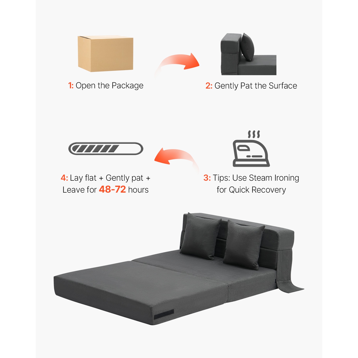 VEVOR 3-in-1 Folding Sofa Bed, Foldable Couch Bed with 2 Pillows and Washable Cover, 25D High Density Memory Foam Convertible Sleeper Chair Bed,